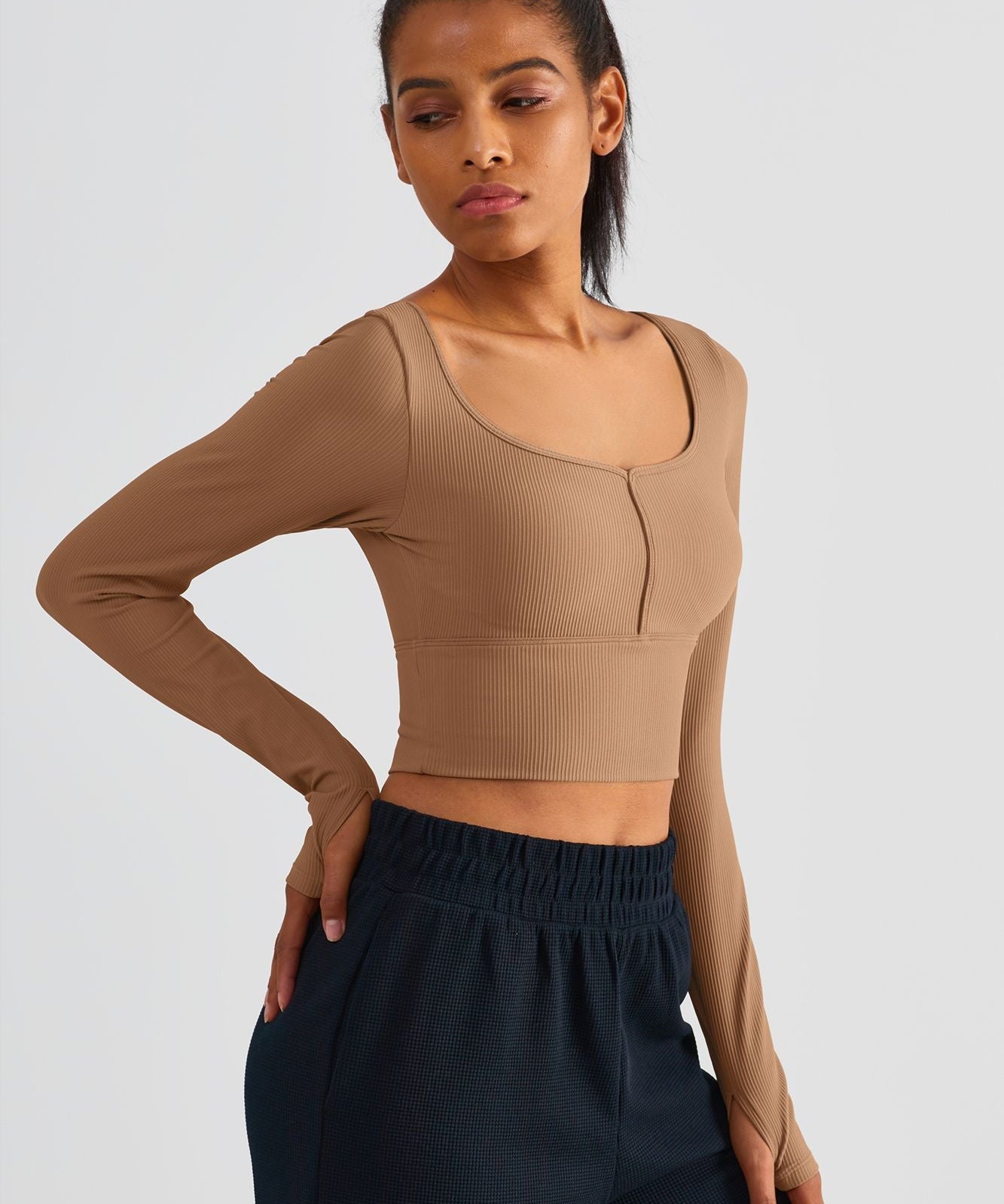 Ribbed Crop Pullover Top With Built-In Bra by bornfocus