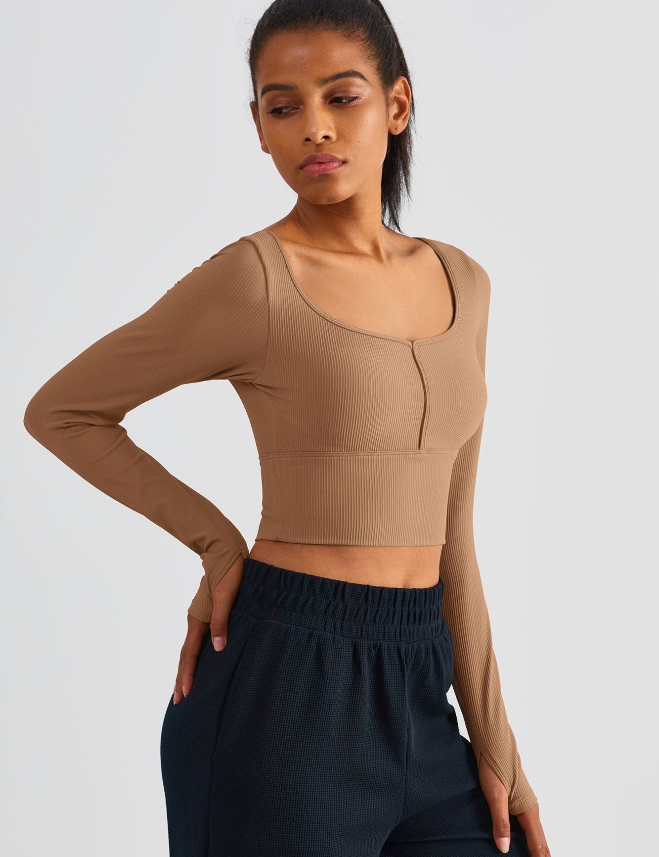 Ribbed Crop Pullover Top With Built-In Bra by bornfocus