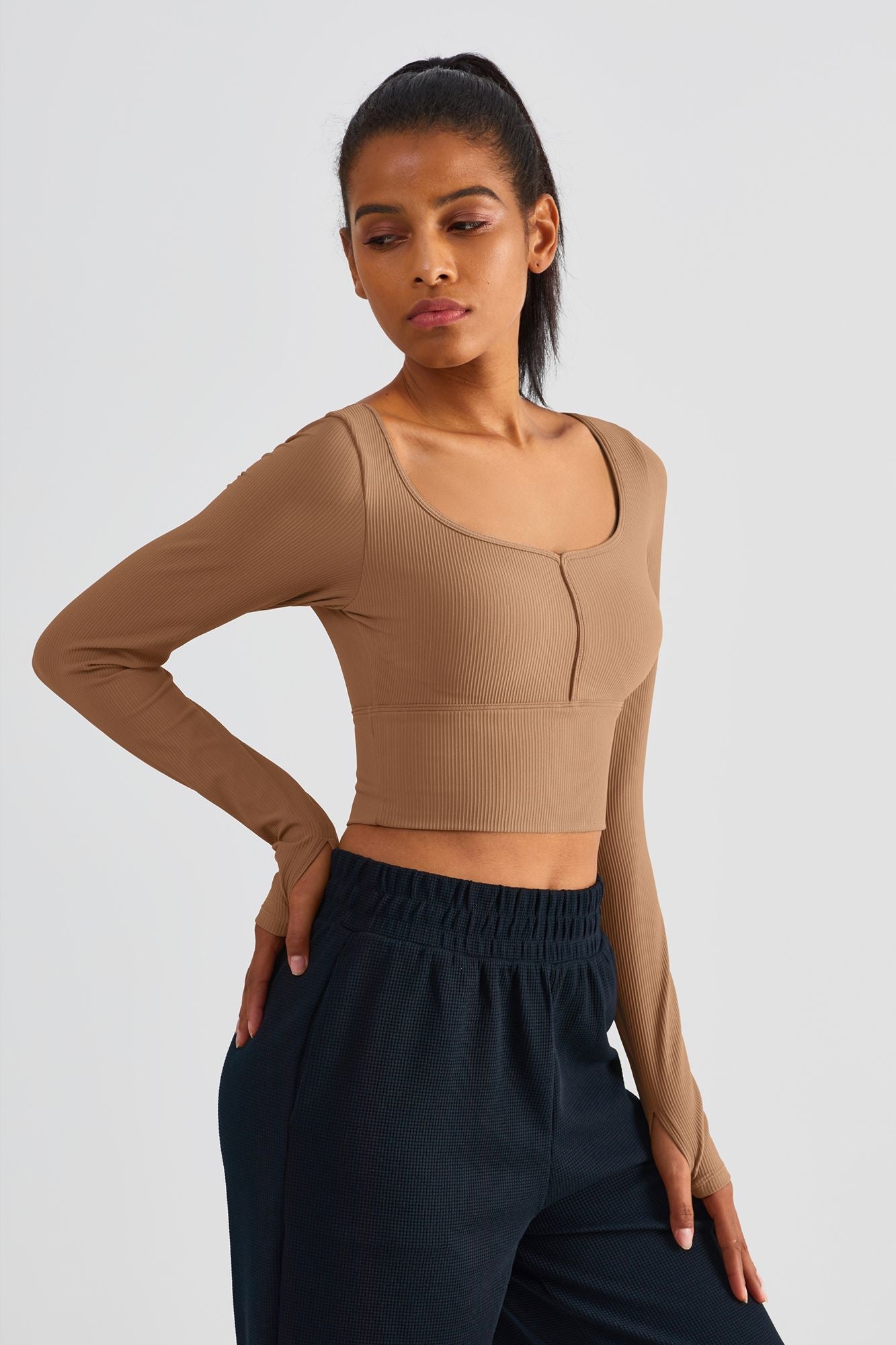 Ribbed Crop Pullover Top With Built-In Bra by bornfocus