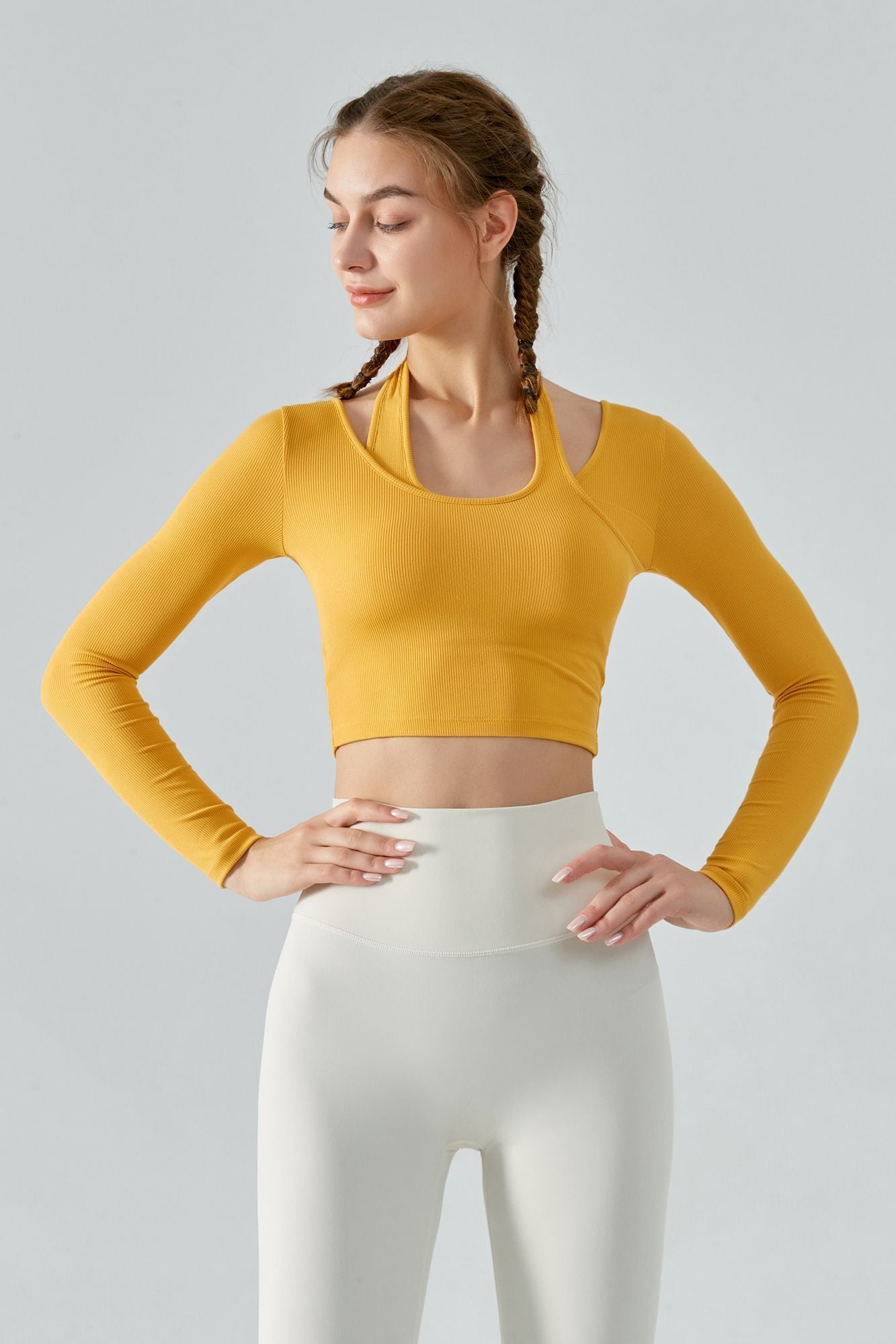 Ribbed Long Sleeve Halterneck Crop Top by bornfocus