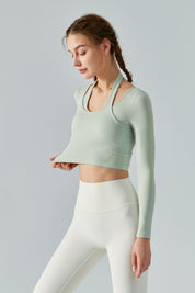 Ribbed Long Sleeve Halterneck Crop Top by bornfocus