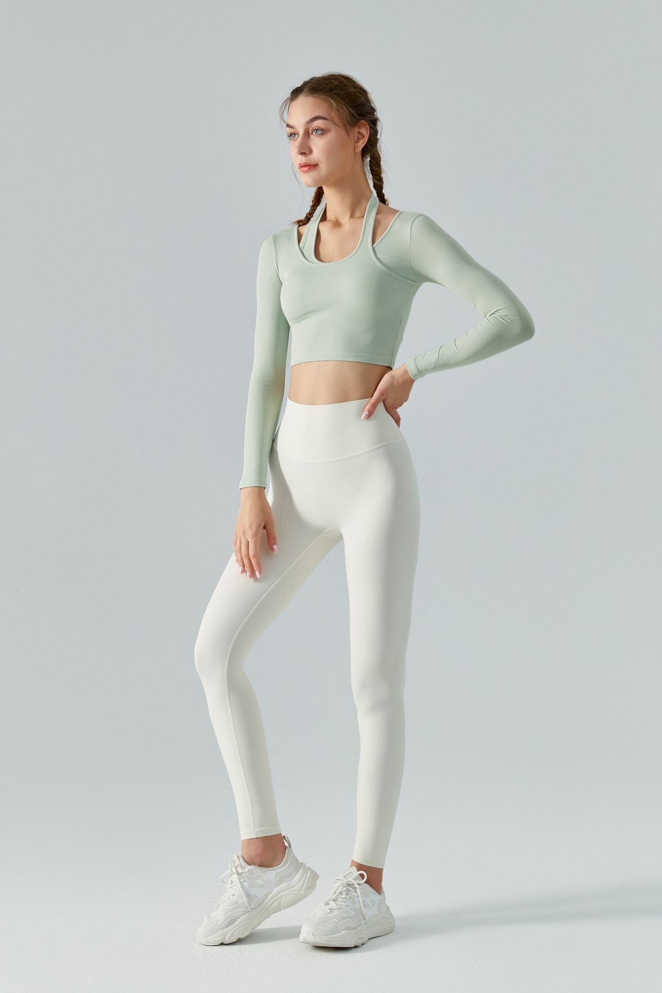 Ribbed Long Sleeve Halterneck Crop Top by bornfocus