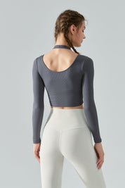 Ribbed Long Sleeve Halterneck Crop Top by bornfocus