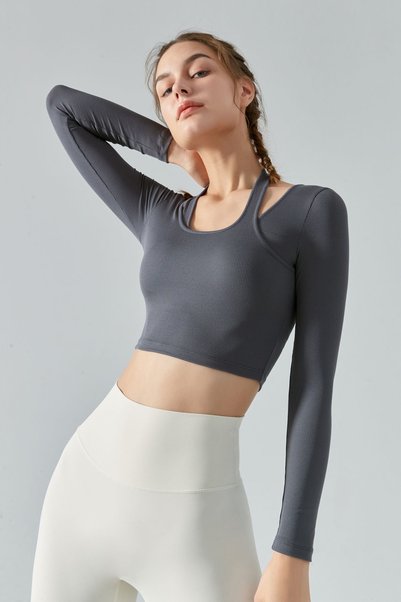 Ribbed Long Sleeve Halterneck Crop Top by bornfocus