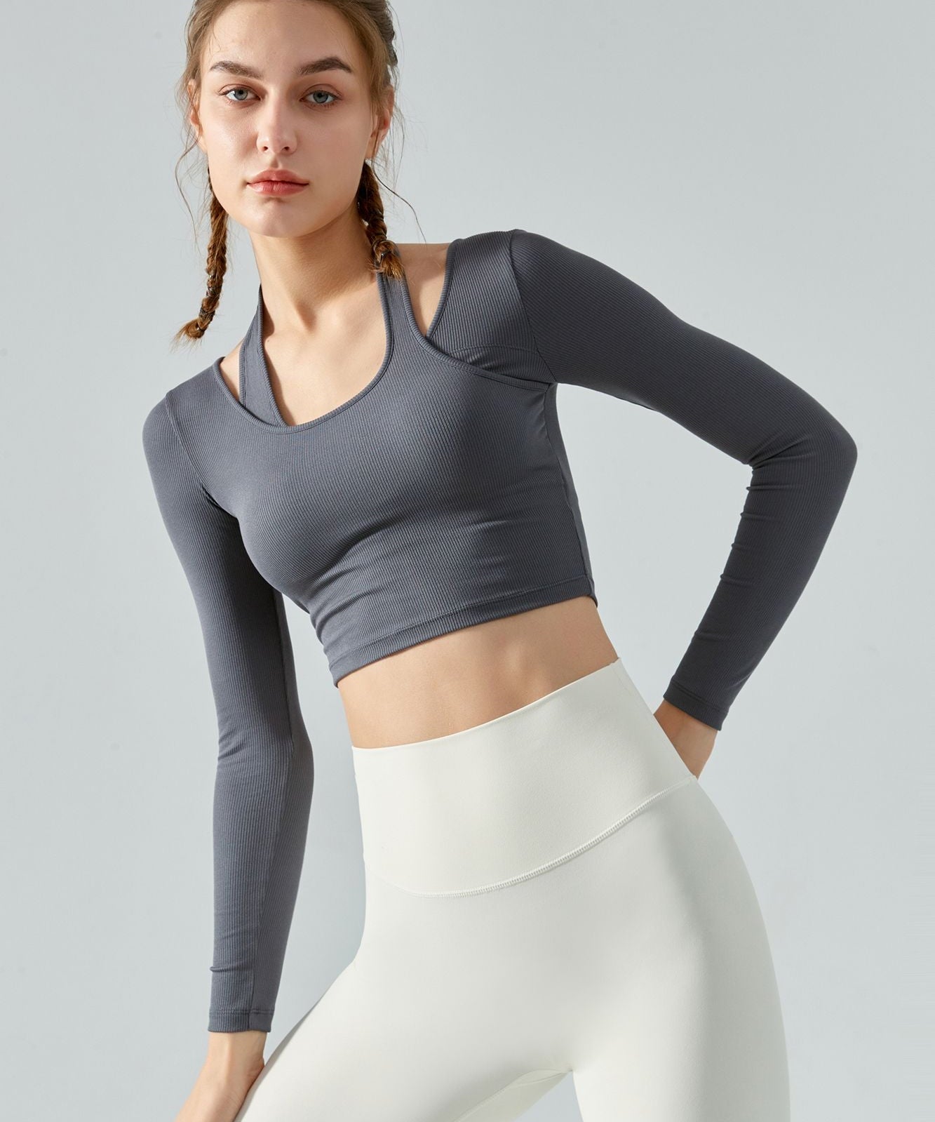 Ribbed Long Sleeve Halterneck Crop Top by bornfocus