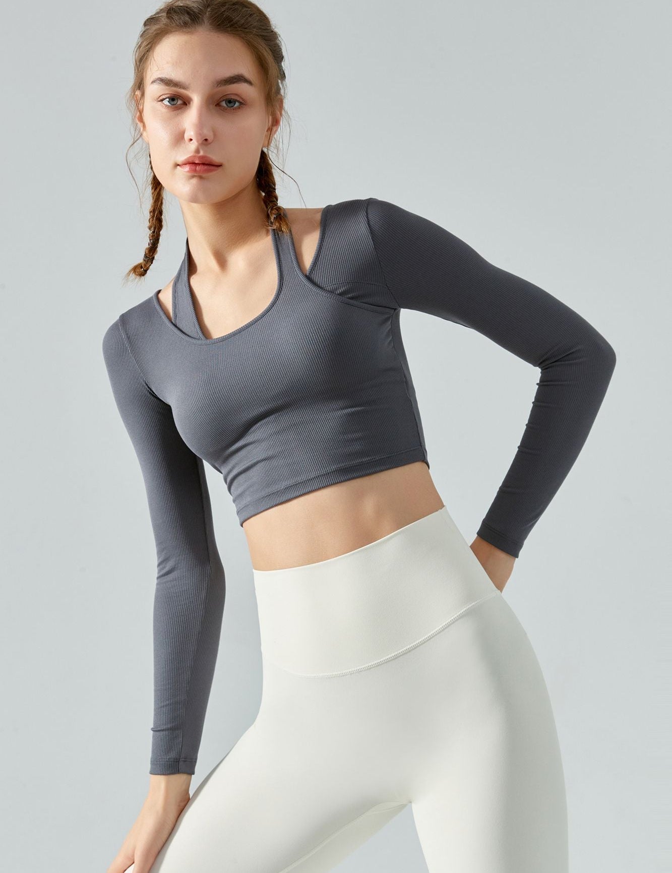 Ribbed Long Sleeve Halterneck Crop Top by bornfocus