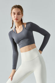 Ribbed Long Sleeve Halterneck Crop Top by bornfocus