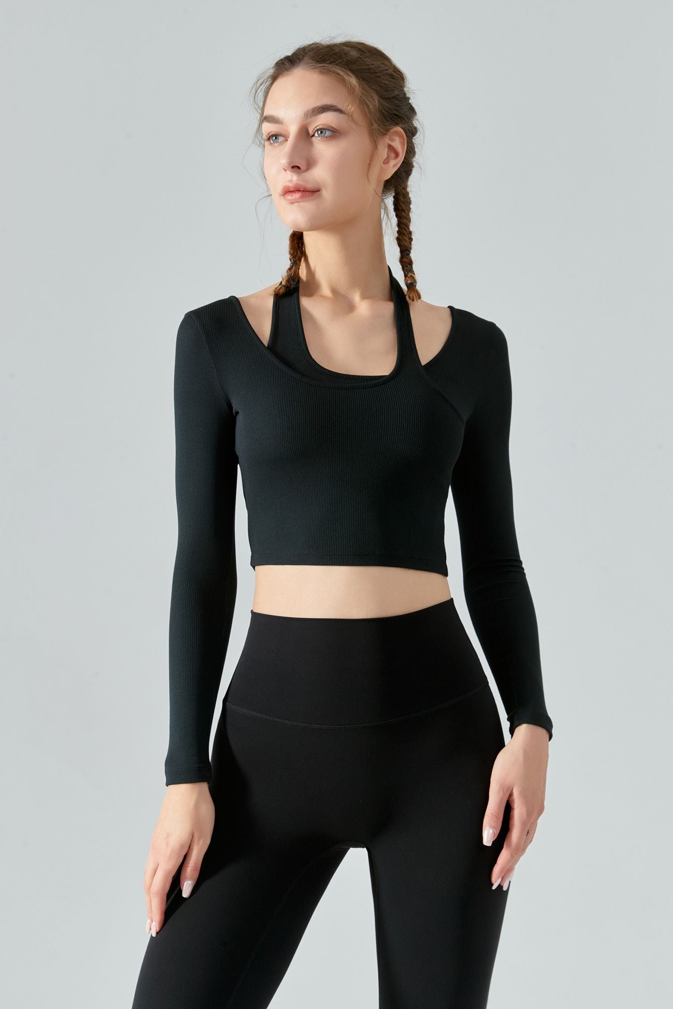 Ribbed Long Sleeve Halterneck Crop Top by bornfocus