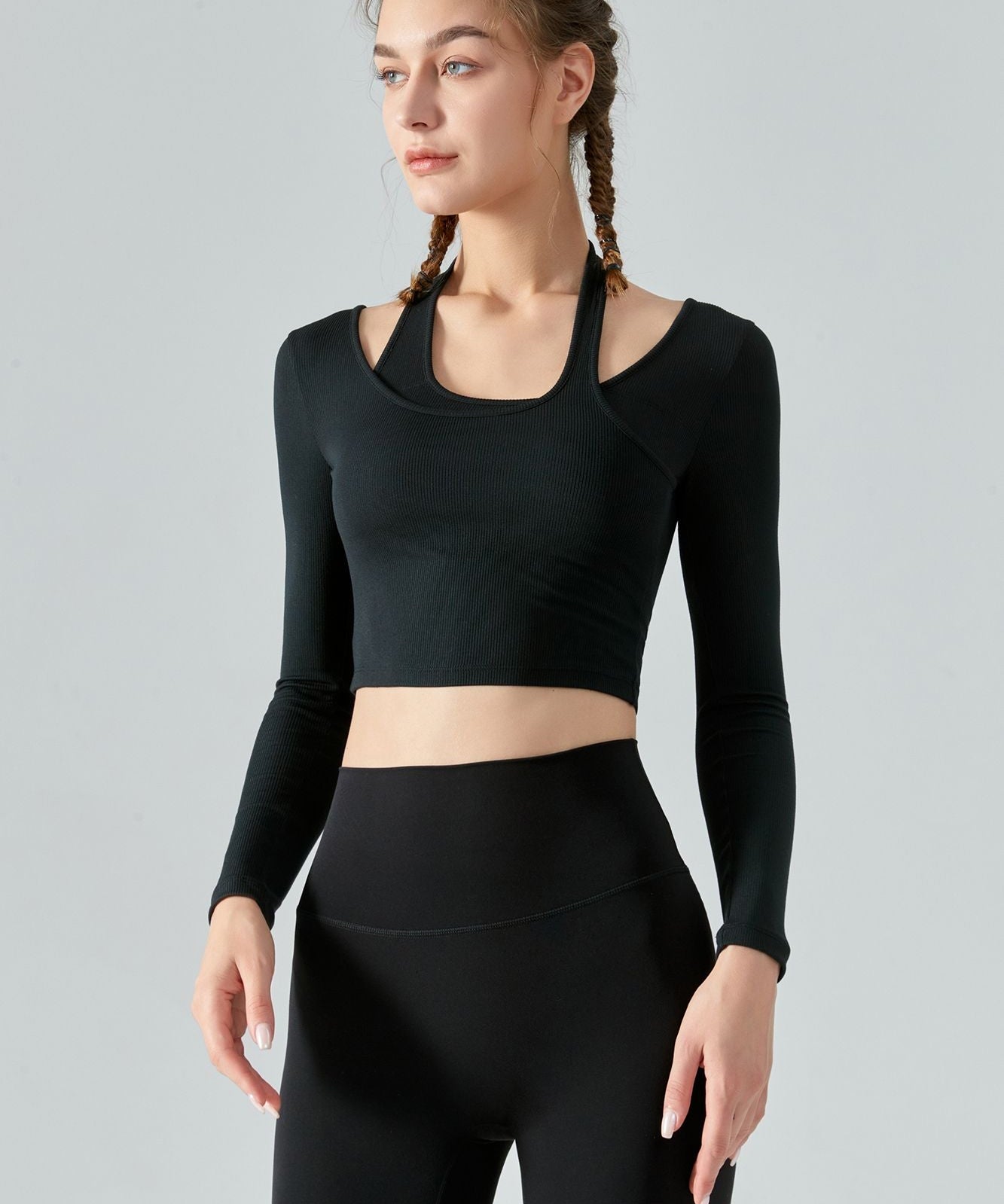 Ribbed Long Sleeve Halterneck Crop Top by bornfocus