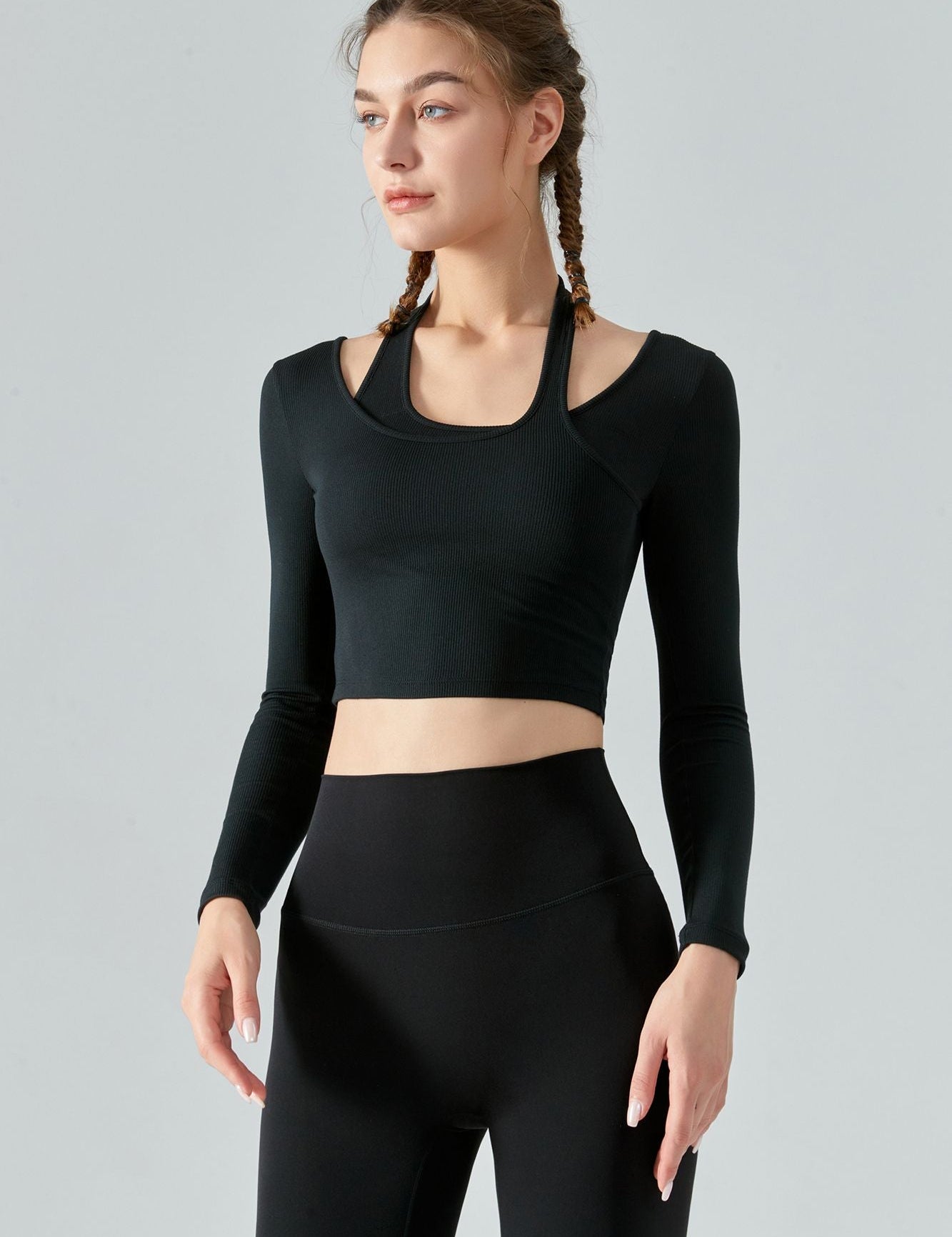 Ribbed Long Sleeve Halterneck Crop Top by bornfocus