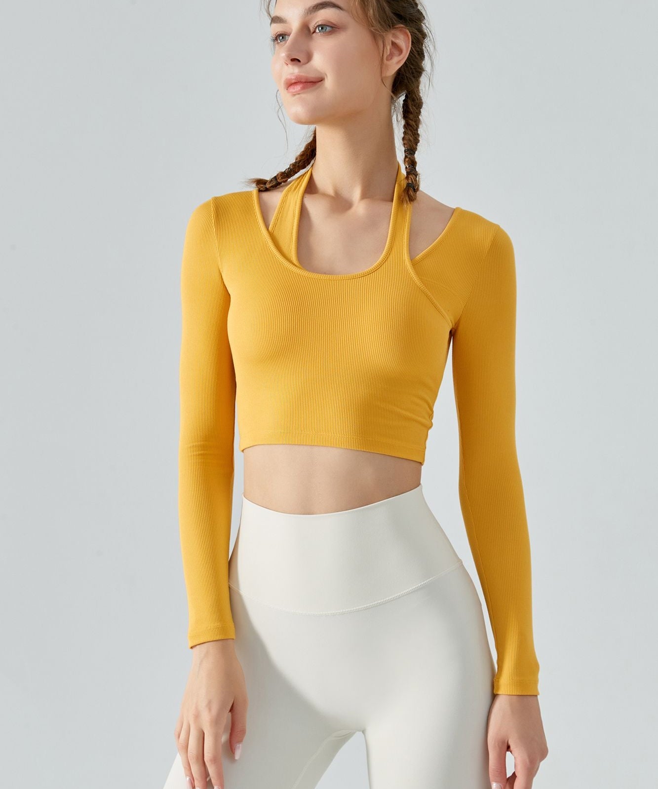 Ribbed Long Sleeve Halterneck Crop Top by bornfocus