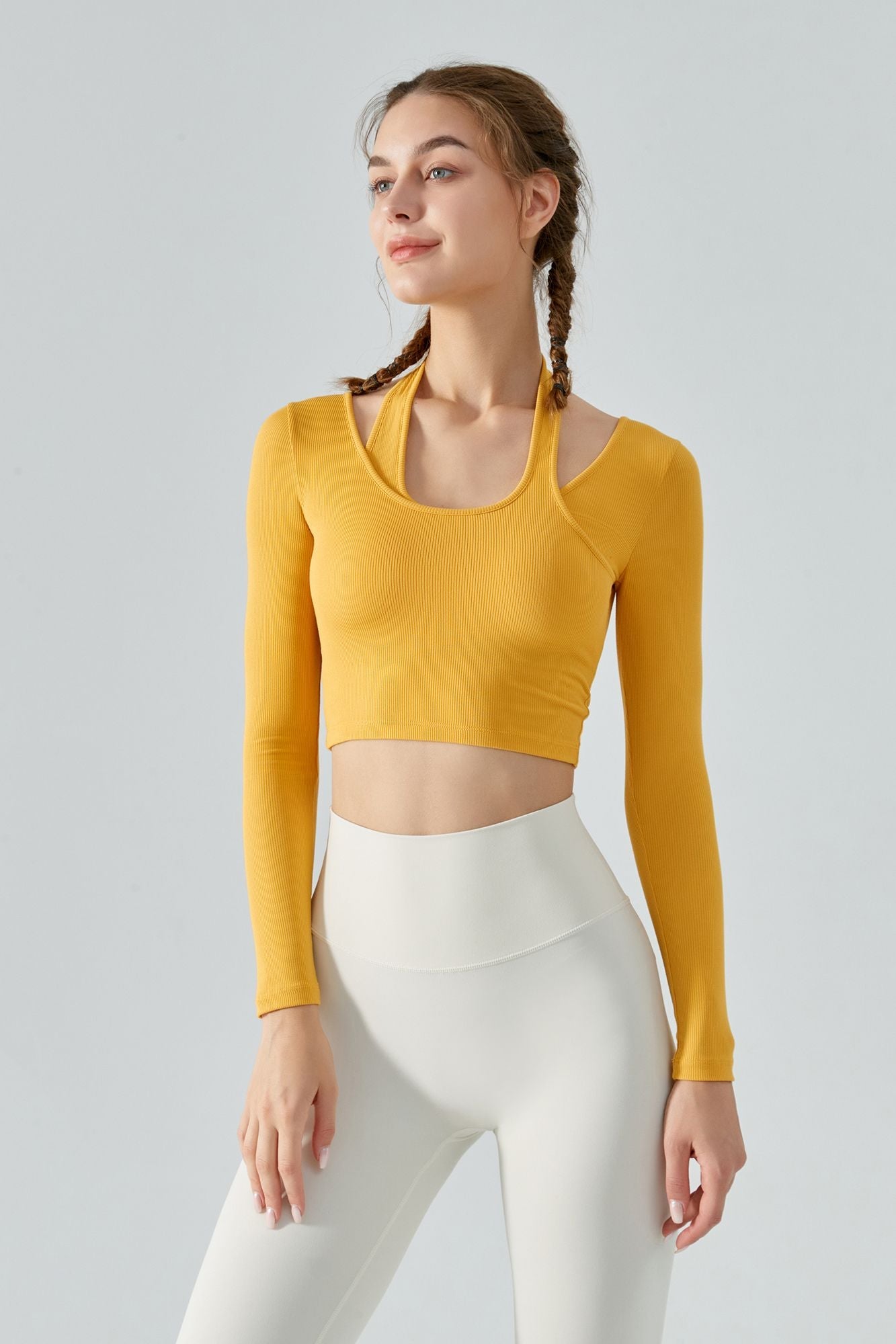 Ribbed Long Sleeve Halterneck Crop Top by bornfocus