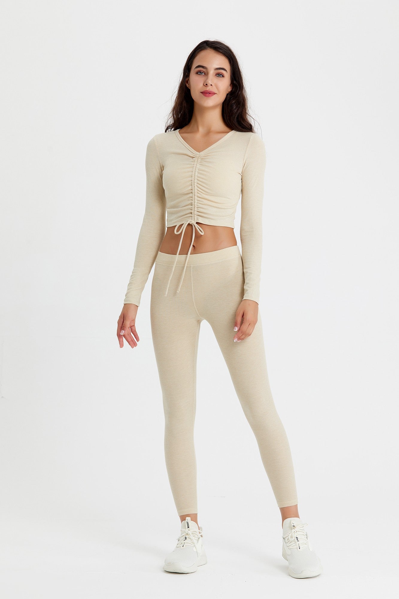 Ribbed Long Sleeve Ruched-Front Crop Top by bornfocus