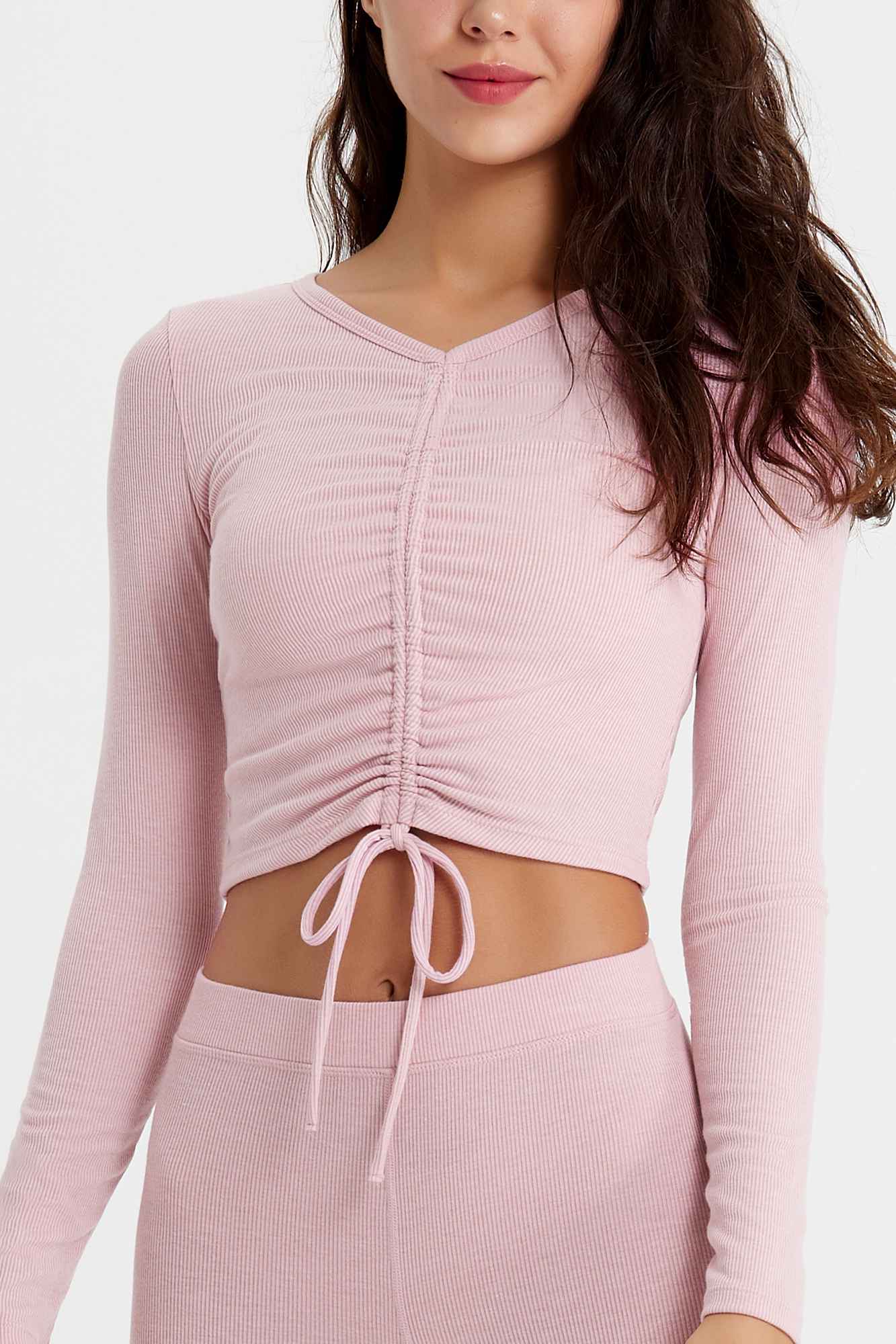 Ribbed Long Sleeve Ruched-Front Crop Top by bornfocus