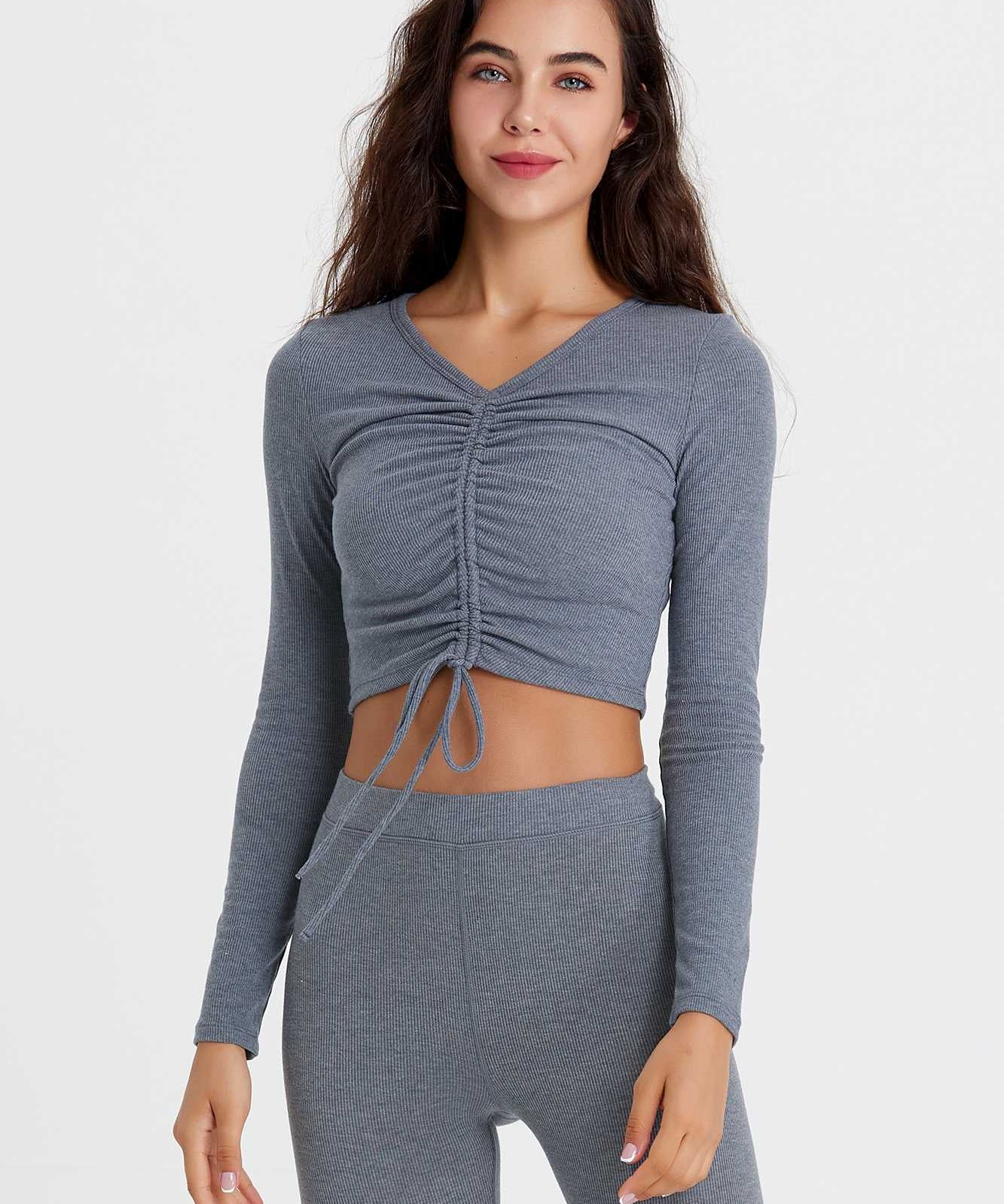 Ribbed Long Sleeve Ruched-Front Crop Top by bornfocus