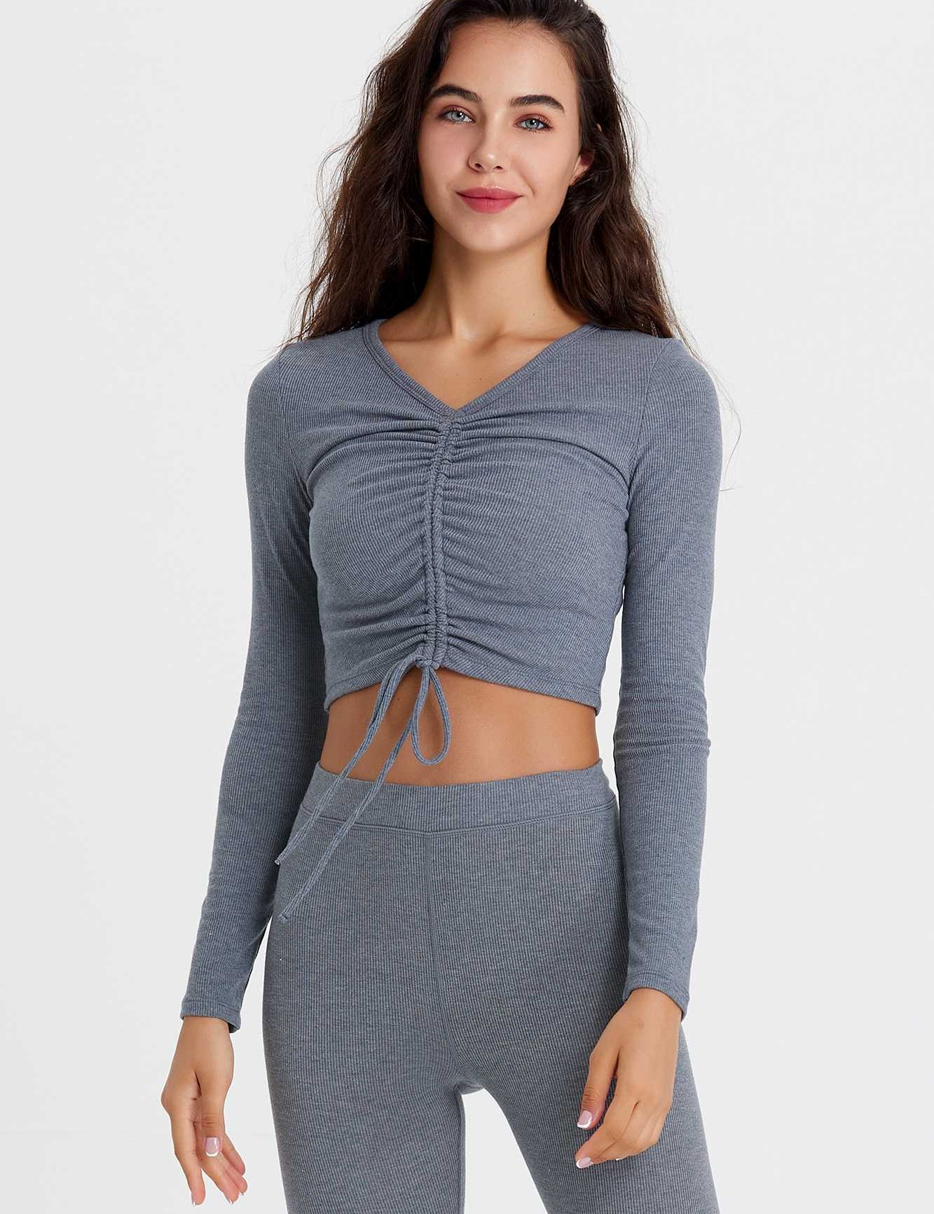 Ribbed Long Sleeve Ruched-Front Crop Top by bornfocus