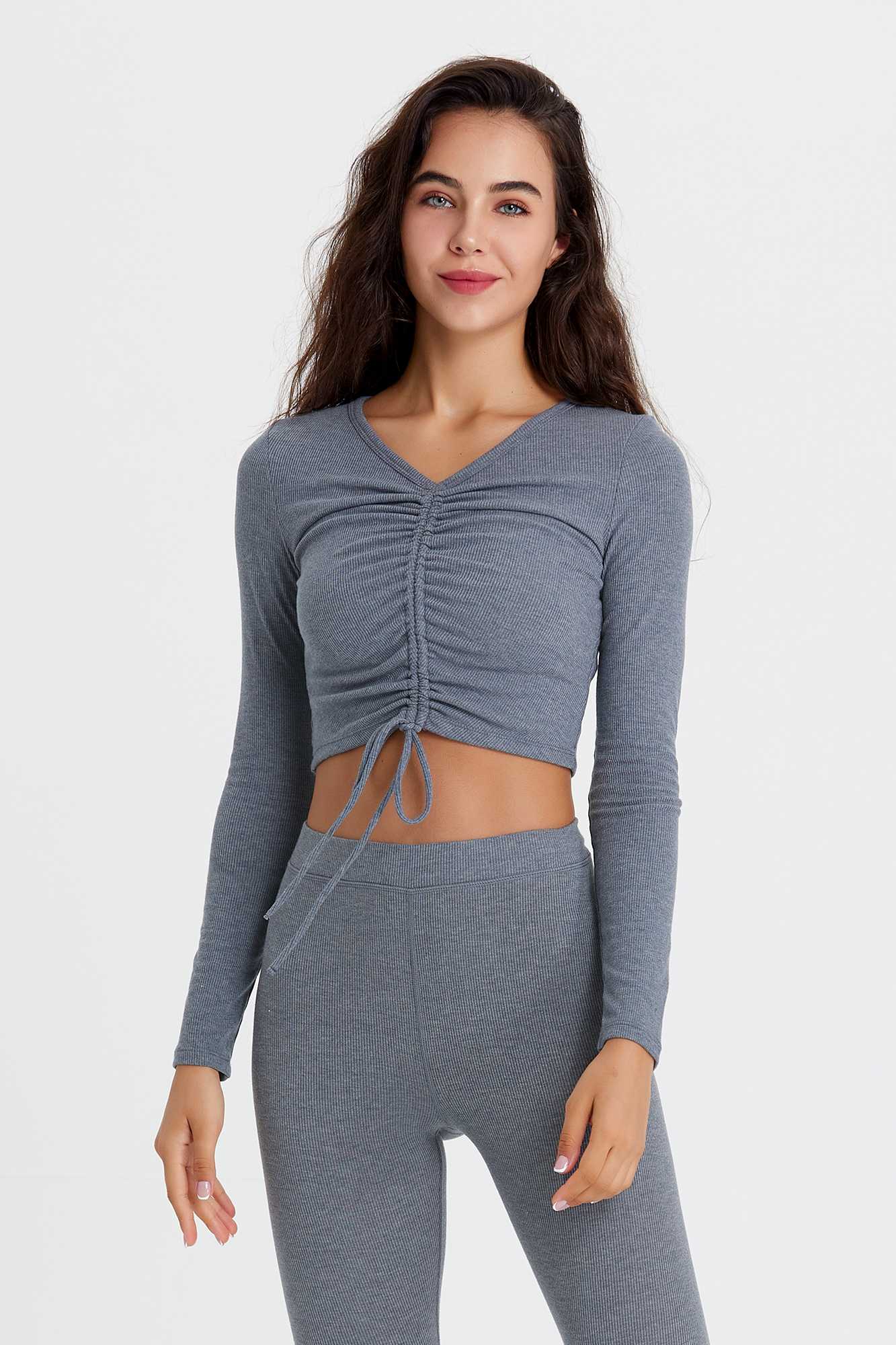 Ribbed Long Sleeve Ruched-Front Crop Top by bornfocus