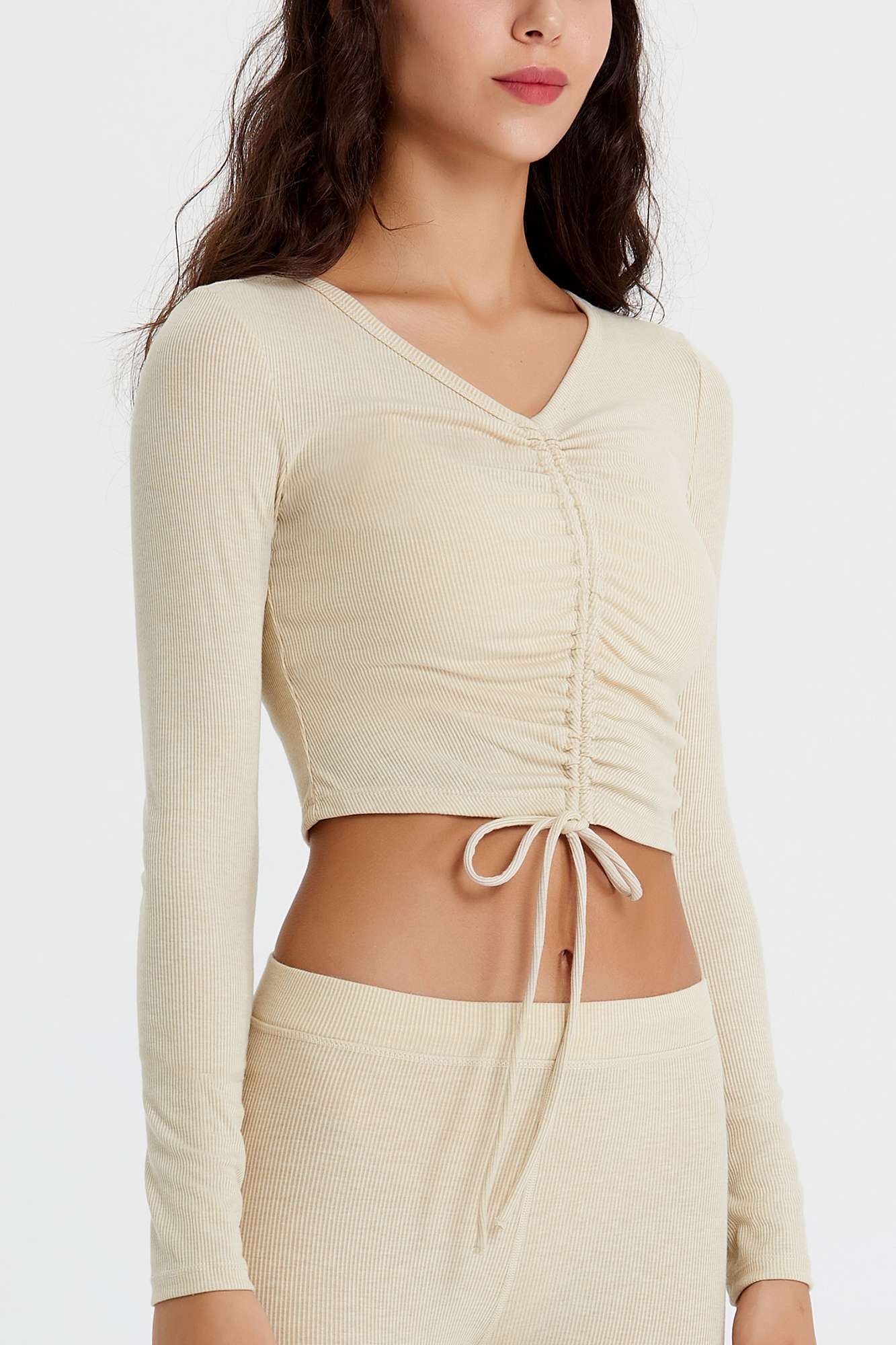 Ribbed Long Sleeve Ruched-Front Crop Top by bornfocus