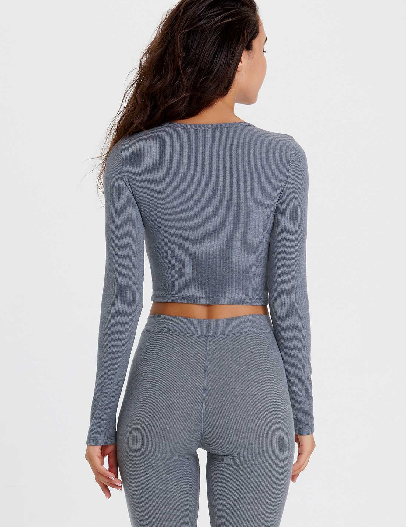 Ribbed Long Sleeve Ruched-Front Crop Top by bornfocus