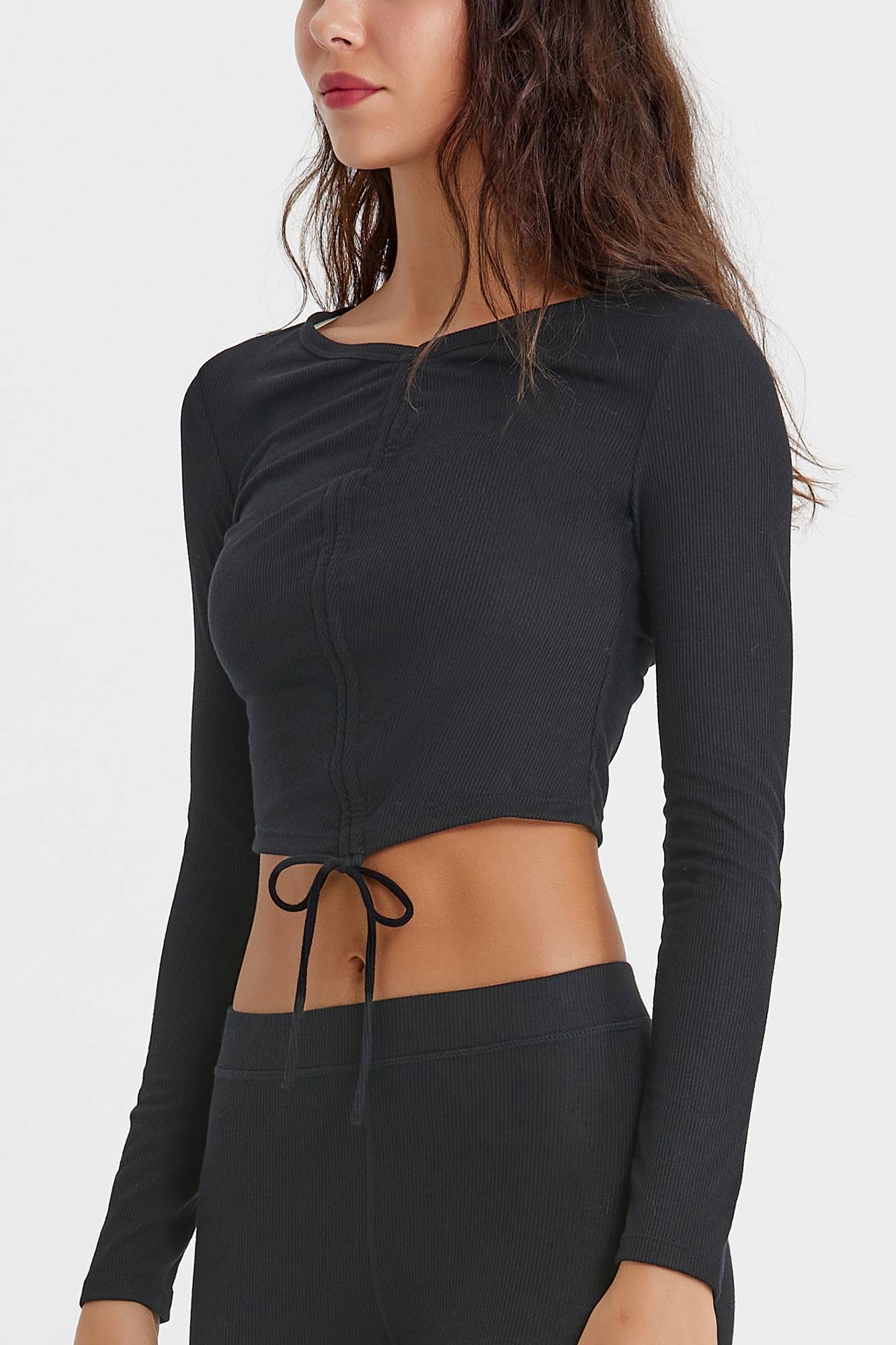 Ribbed Long Sleeve Ruched-Front Crop Top by bornfocus