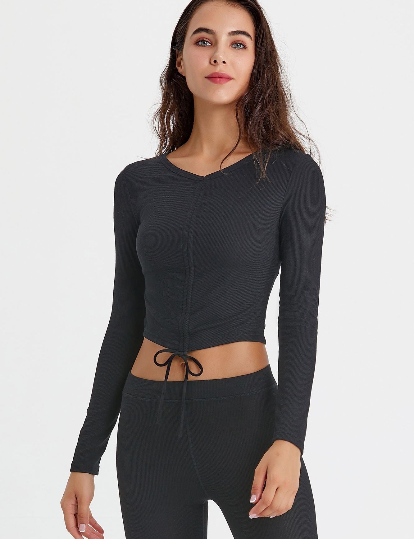 Ribbed Long Sleeve Ruched-Front Crop Top by bornfocus