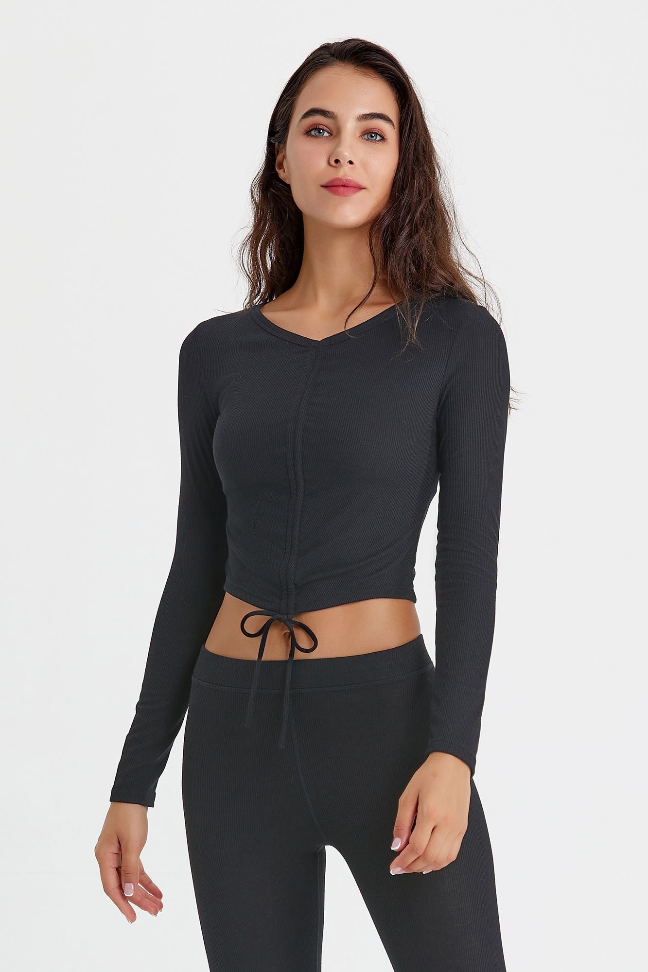 Ribbed Long Sleeve Ruched-Front Crop Top by bornfocus