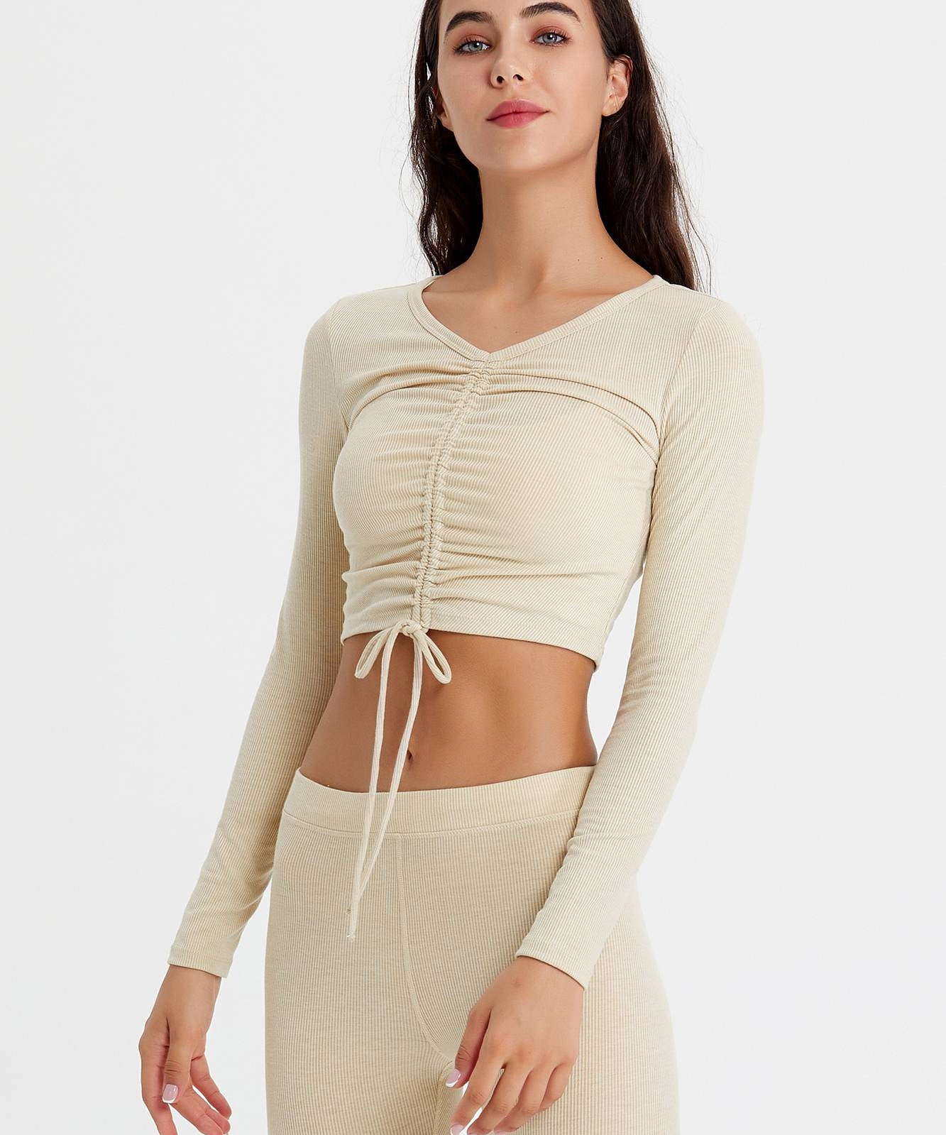 Ribbed Long Sleeve Ruched-Front Crop Top by bornfocus