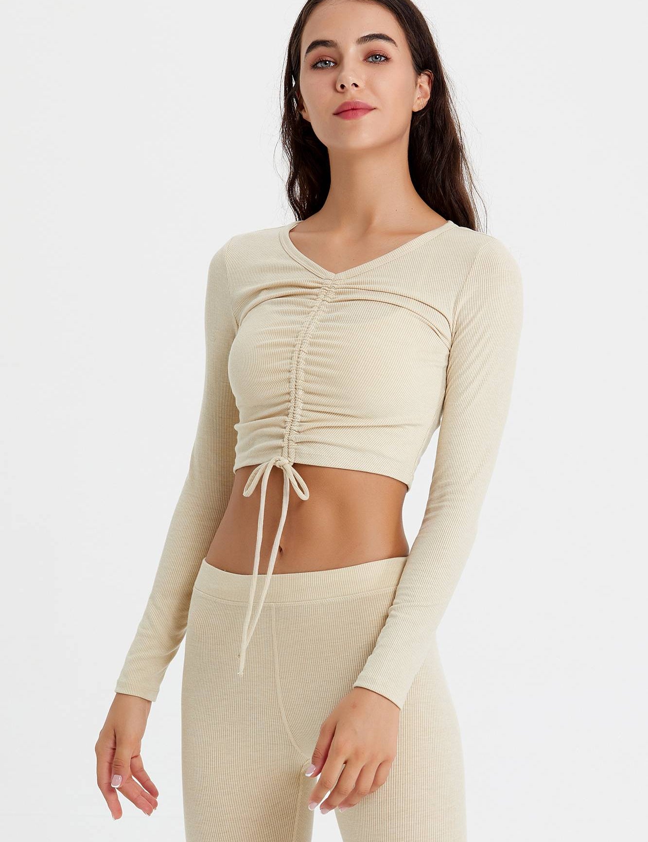 Ribbed Long Sleeve Ruched-Front Crop Top by bornfocus