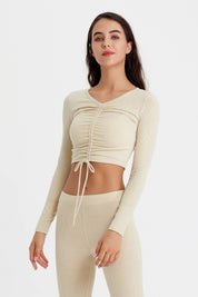 Ribbed Long Sleeve Ruched-Front Crop Top by bornfocus