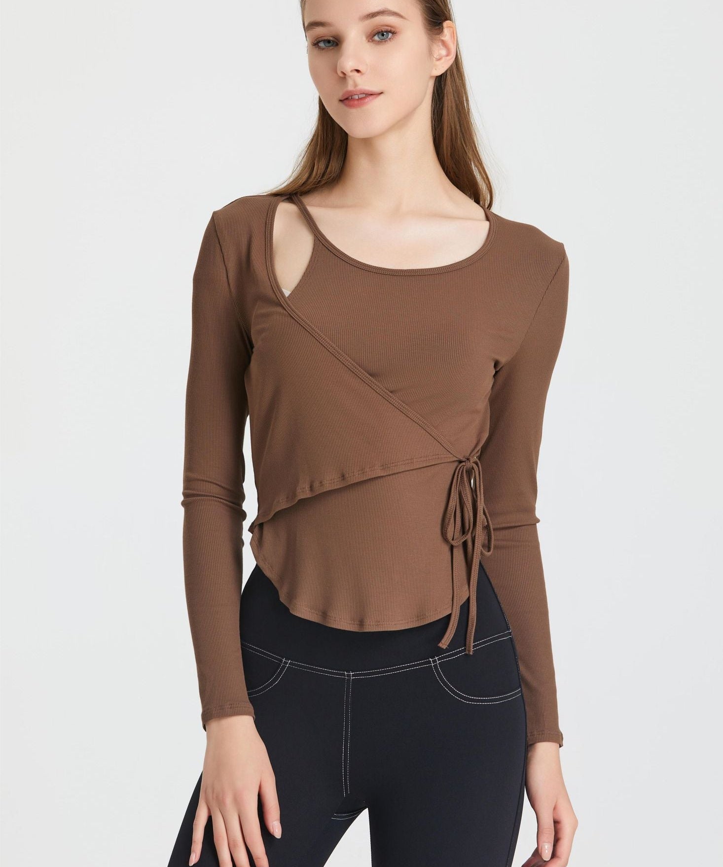 Ribbed Wrap Belted Long Sleeve Top by bornfocus