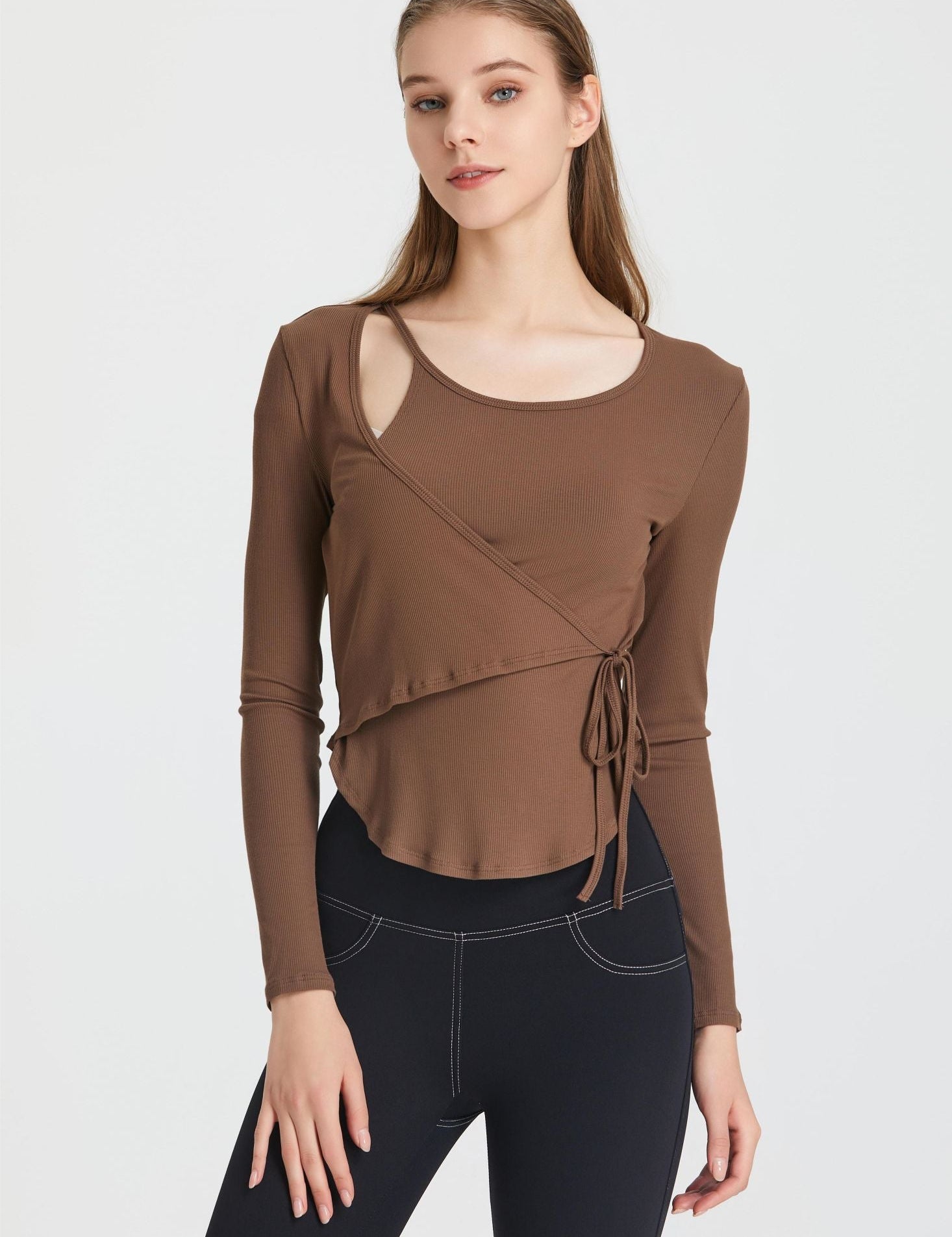 Ribbed Wrap Belted Long Sleeve Top by bornfocus