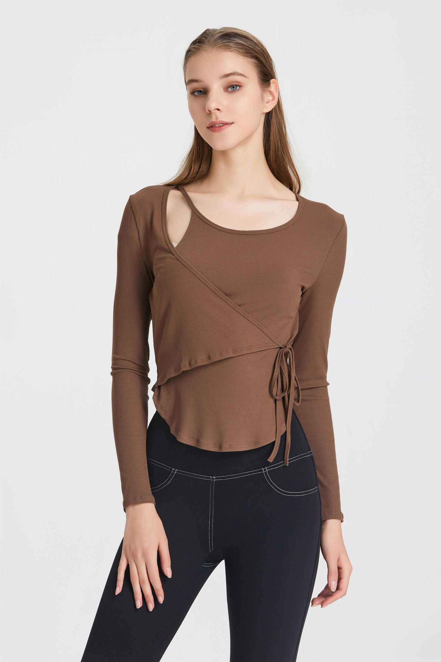 Ribbed Wrap Belted Long Sleeve Top by bornfocus