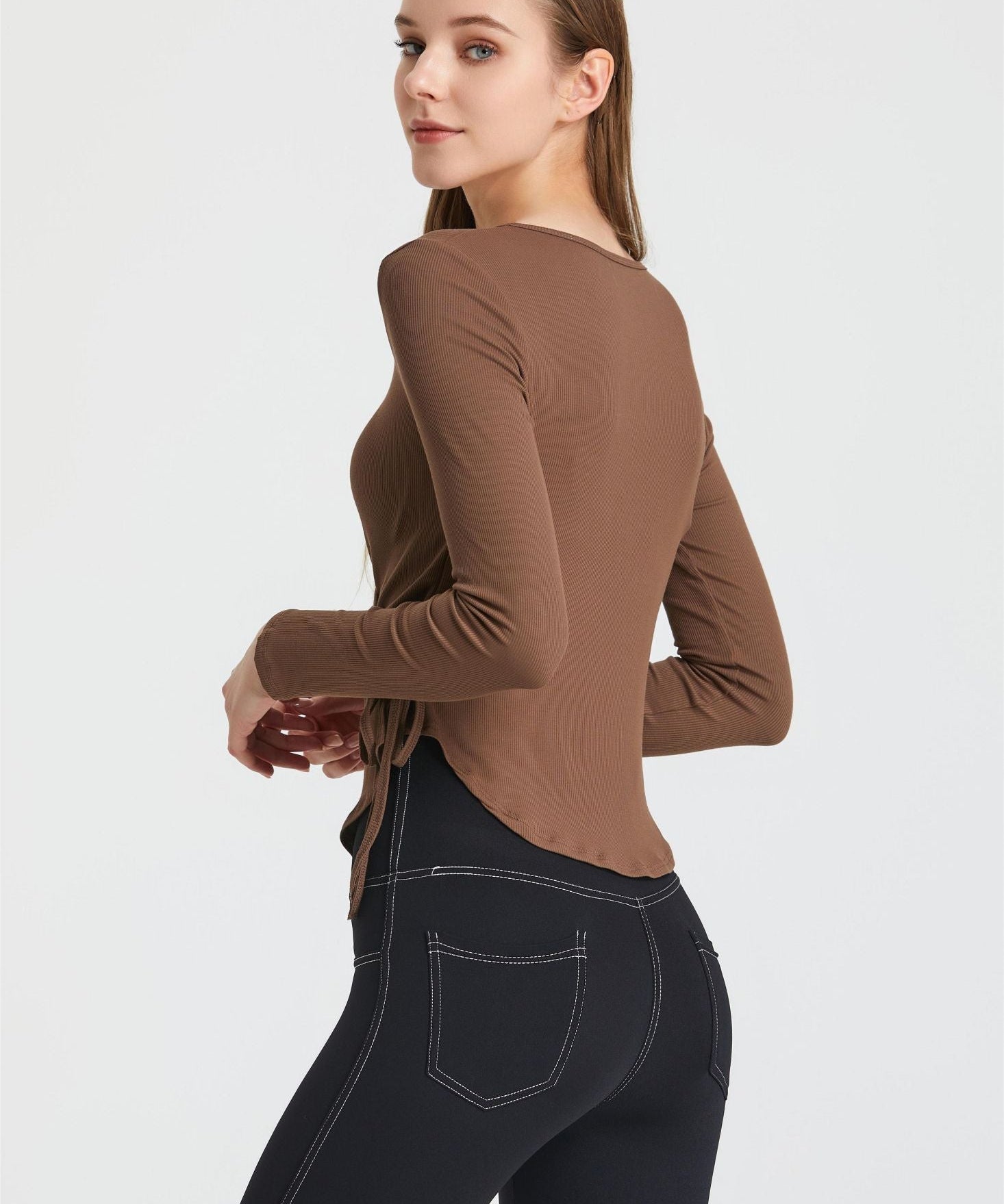 Ribbed Wrap Belted Long Sleeve Top by bornfocus