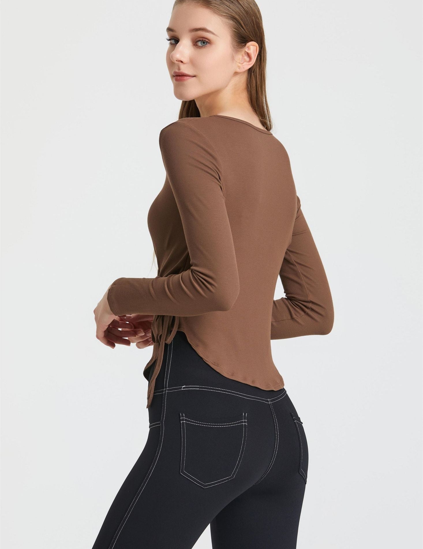 Ribbed Wrap Belted Long Sleeve Top by bornfocus