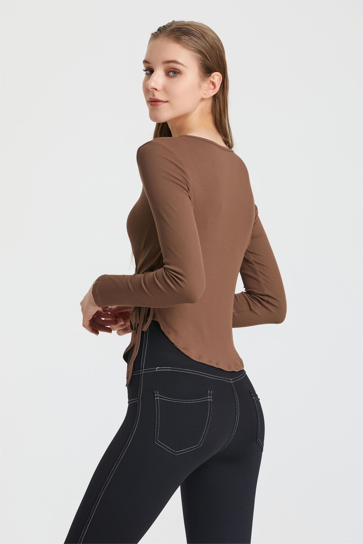 Ribbed Wrap Belted Long Sleeve Top by bornfocus