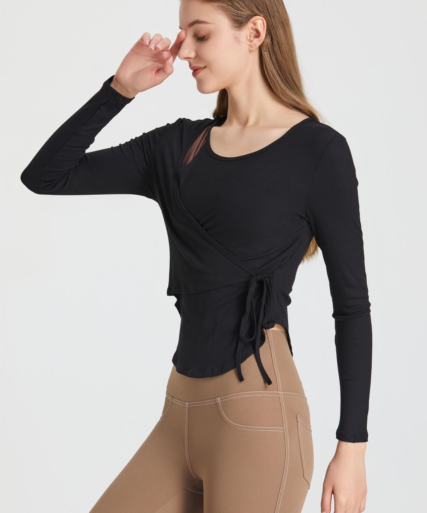 Ribbed Wrap Belted Long Sleeve Top by bornfocus