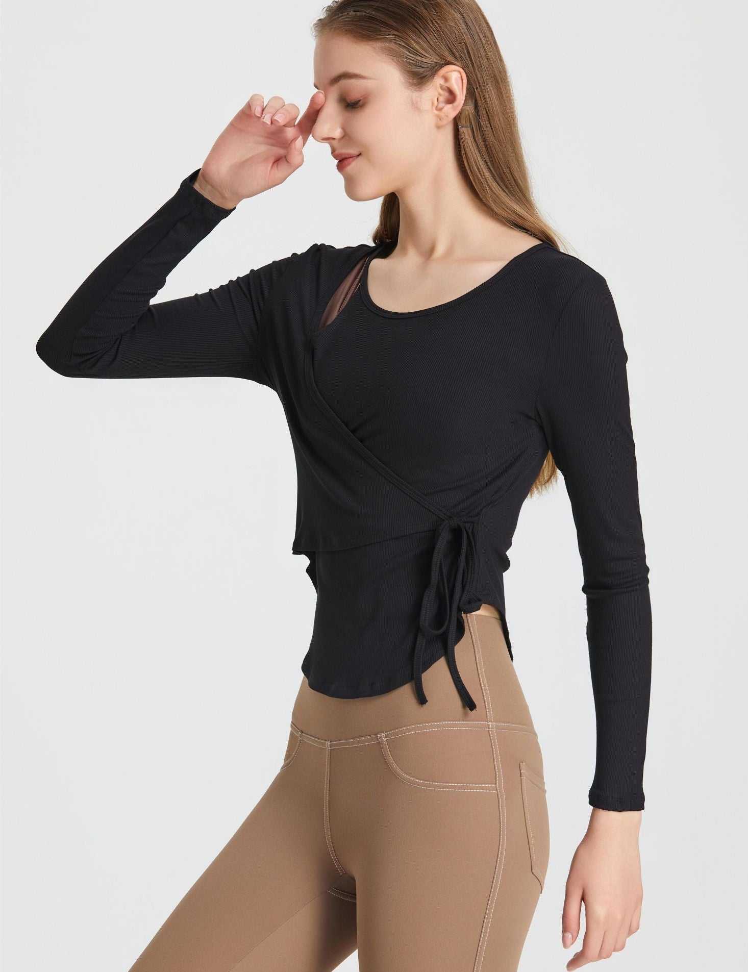 Ribbed Wrap Belted Long Sleeve Top by bornfocus