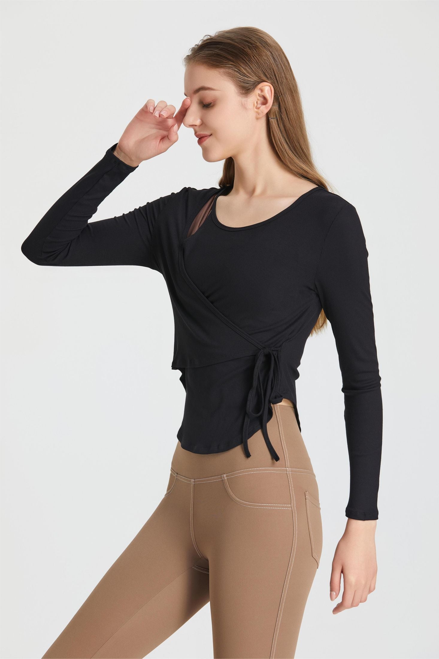 Ribbed Wrap Belted Long Sleeve Top by bornfocus