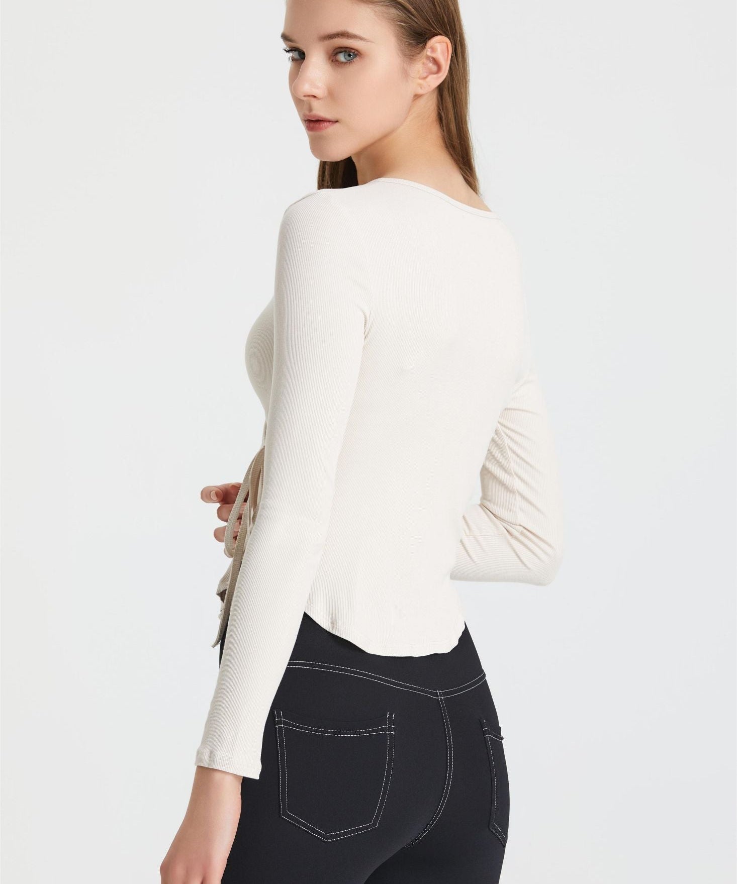 Ribbed Wrap Belted Long Sleeve Top by bornfocus