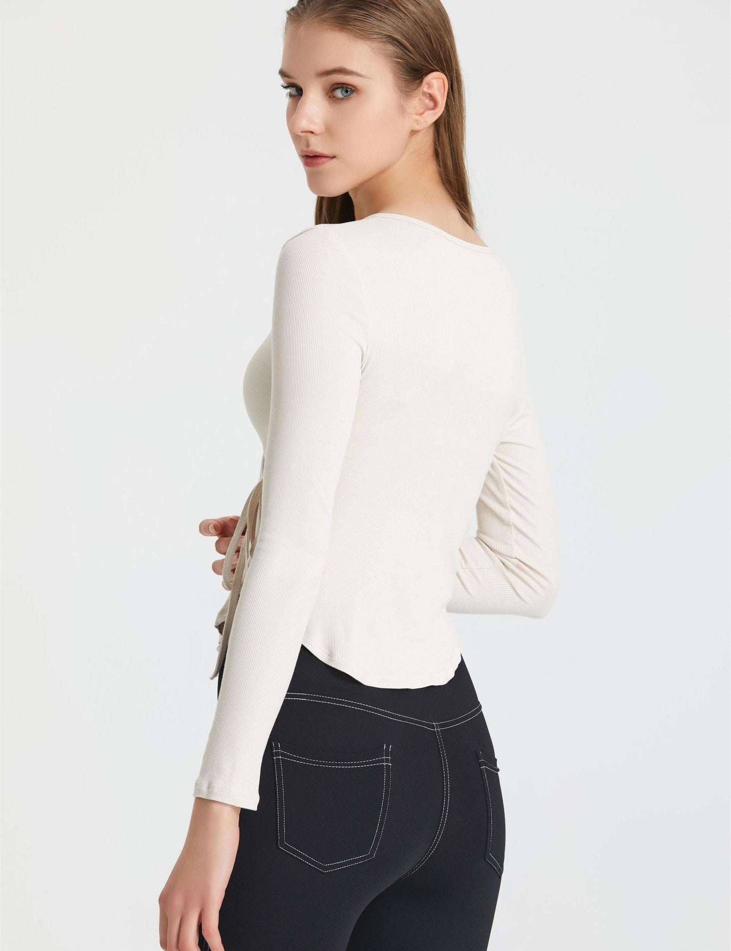 Ribbed Wrap Belted Long Sleeve Top by bornfocus