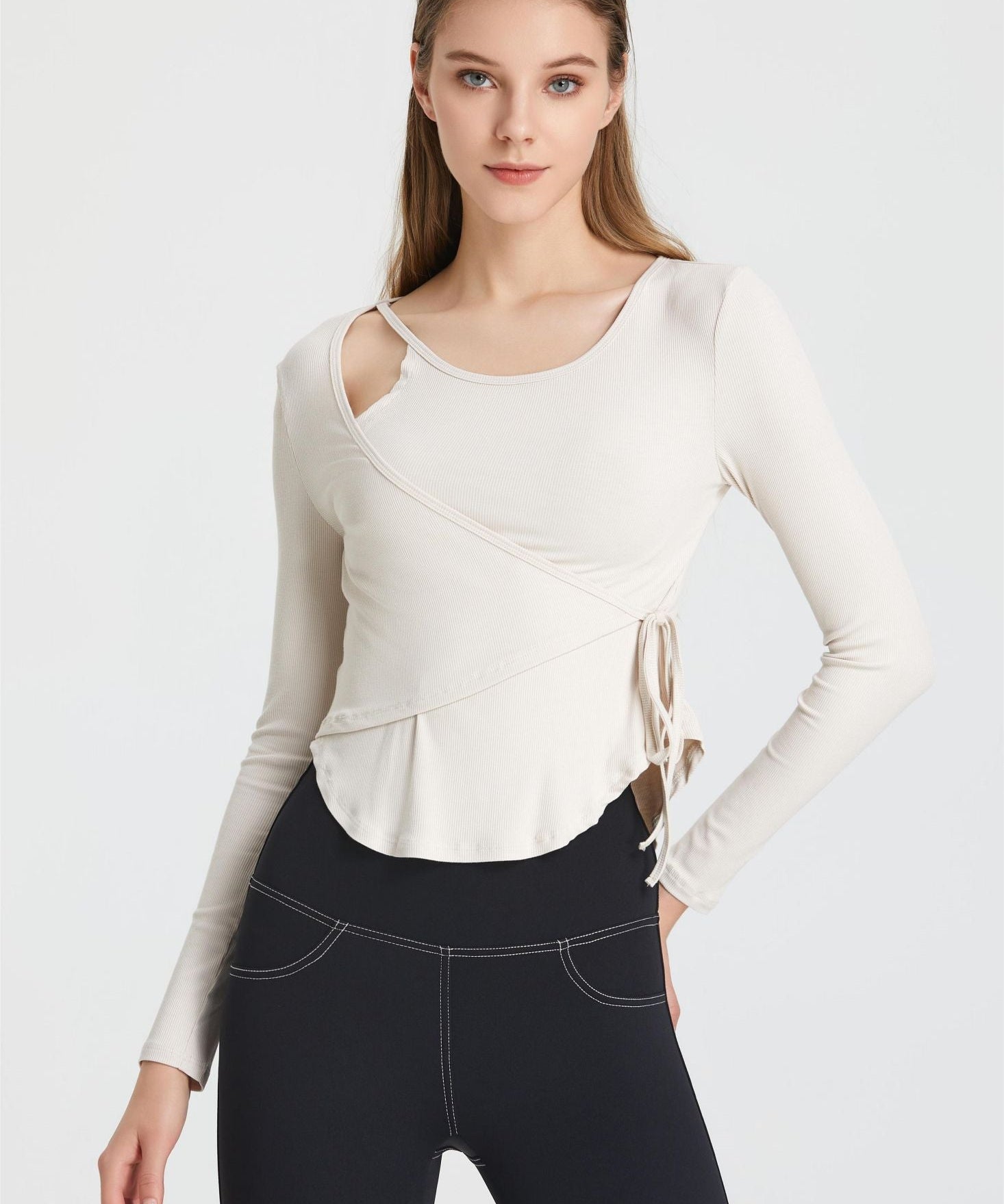 Ribbed Wrap Belted Long Sleeve Top by bornfocus