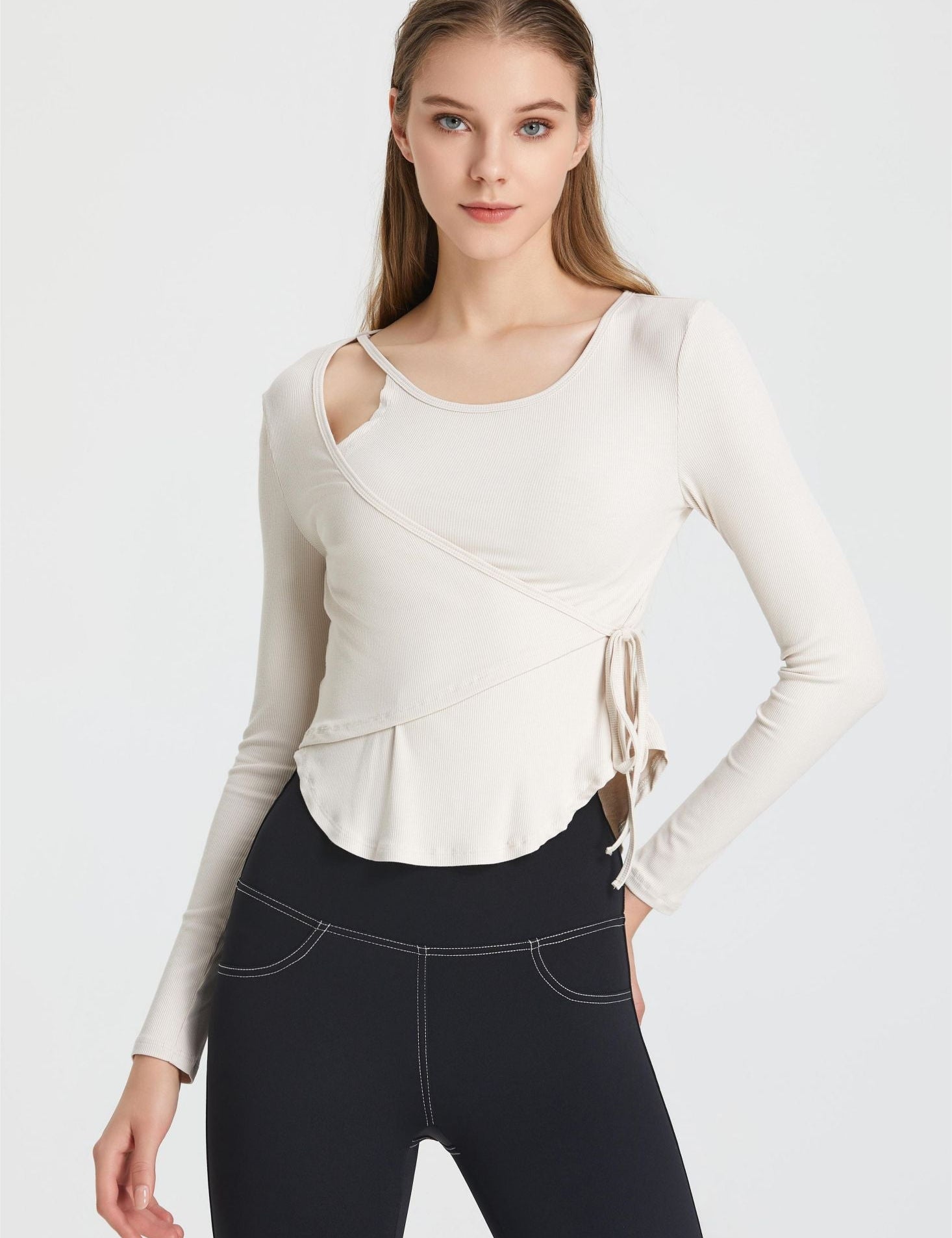 Ribbed Wrap Belted Long Sleeve Top by bornfocus