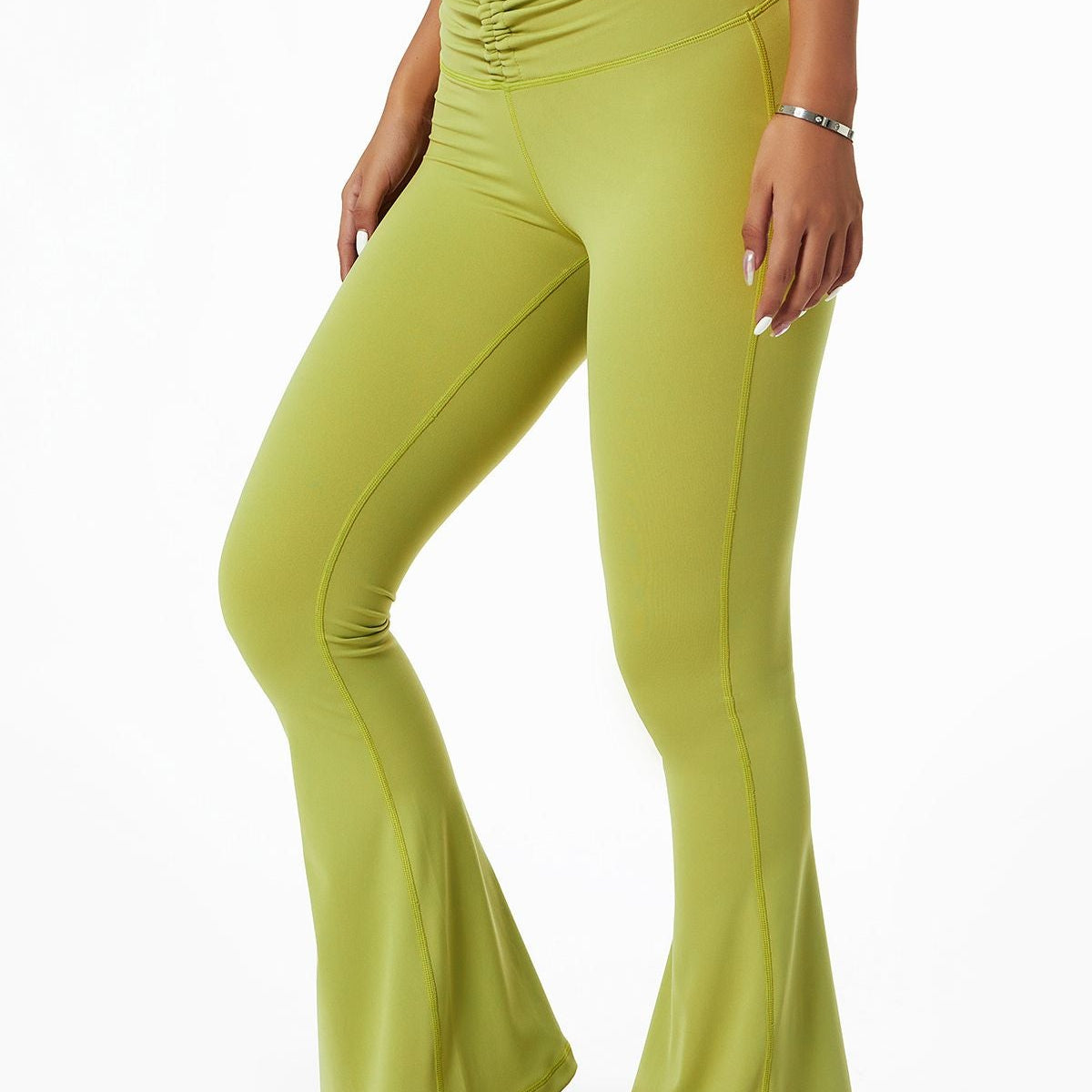 Ruched Front Waist Tie V-Cut Flared Leggings by bornfocus