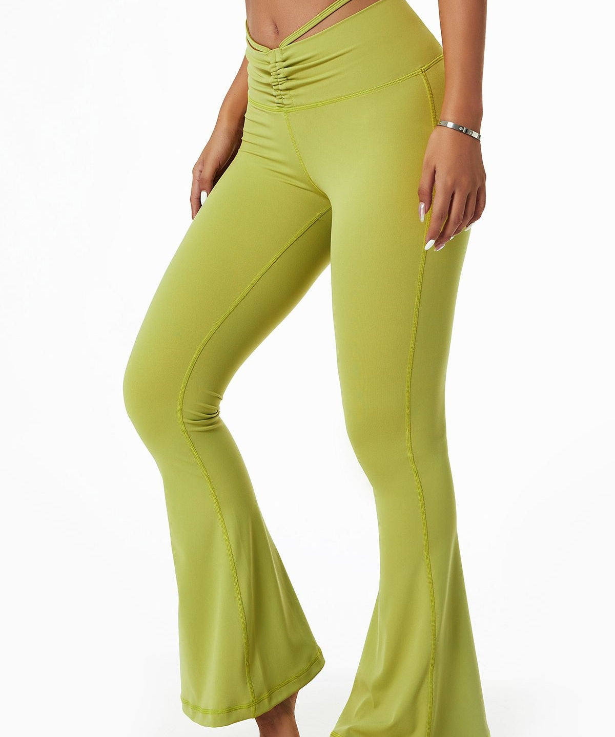 Ruched Front Waist Tie V-Cut Flared Leggings by bornfocus