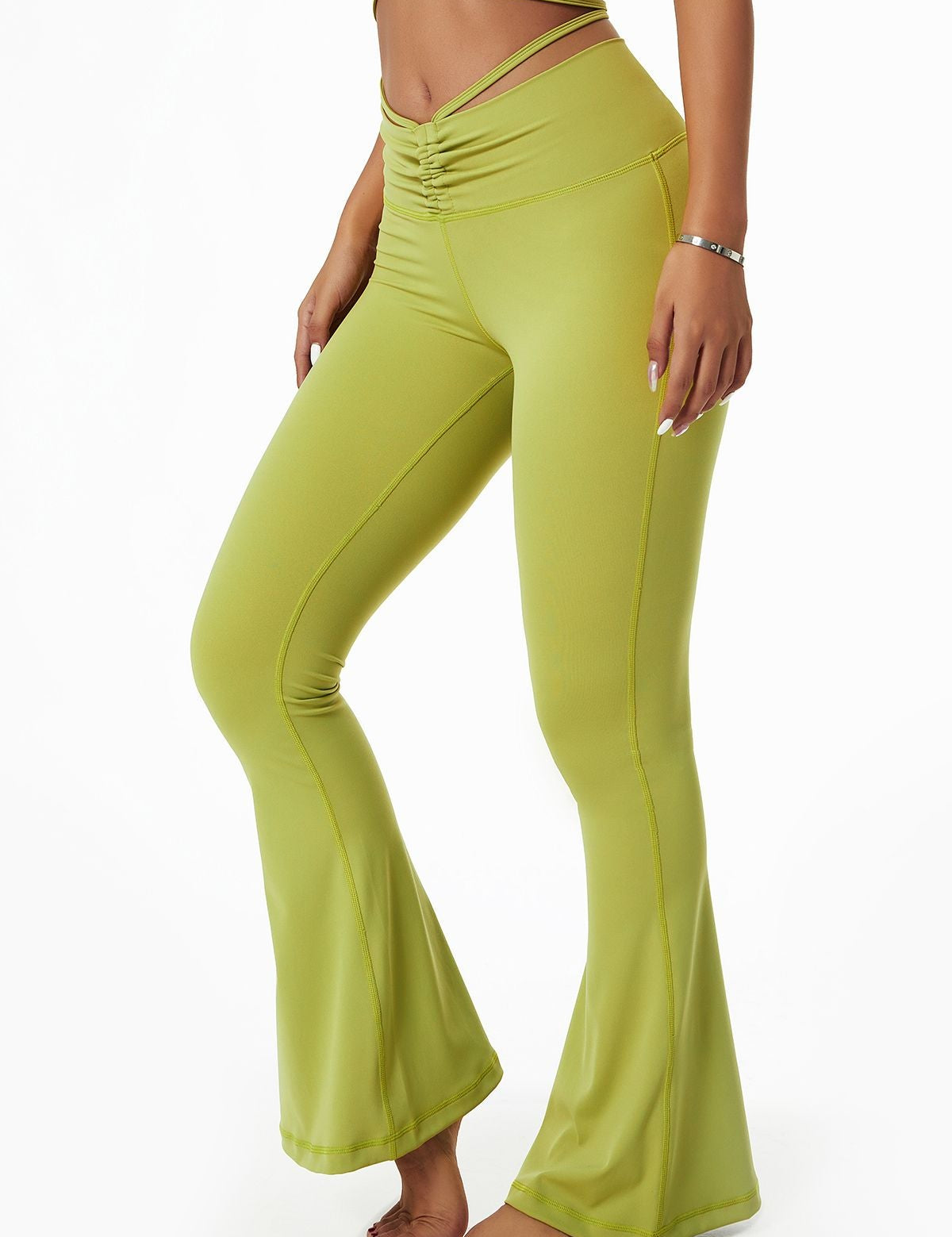 Ruched Front Waist Tie V-Cut Flared Leggings by bornfocus