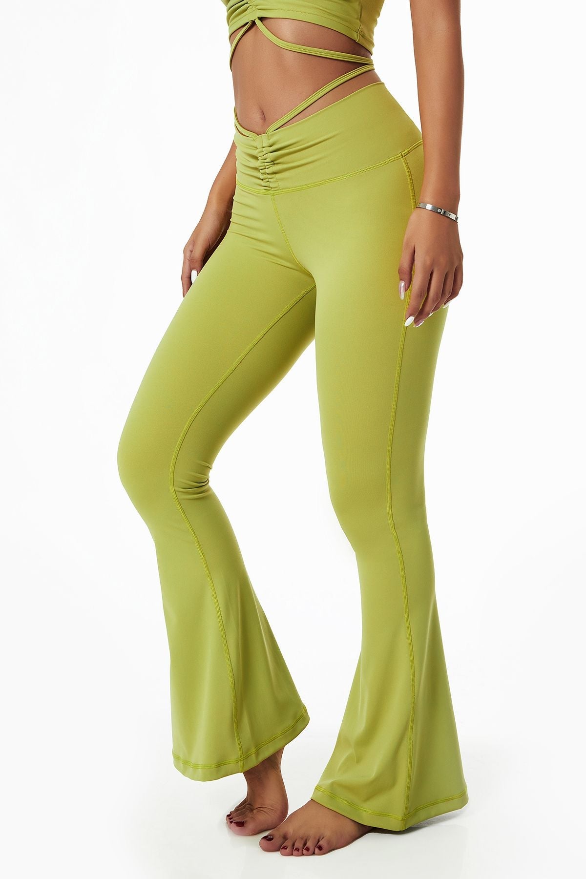 Ruched Front Waist Tie V-Cut Flared Leggings by bornfocus