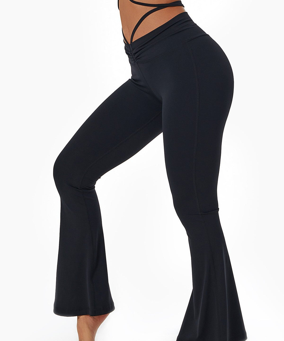 Ruched Front Waist Tie V-Cut Flared Leggings by bornfocus