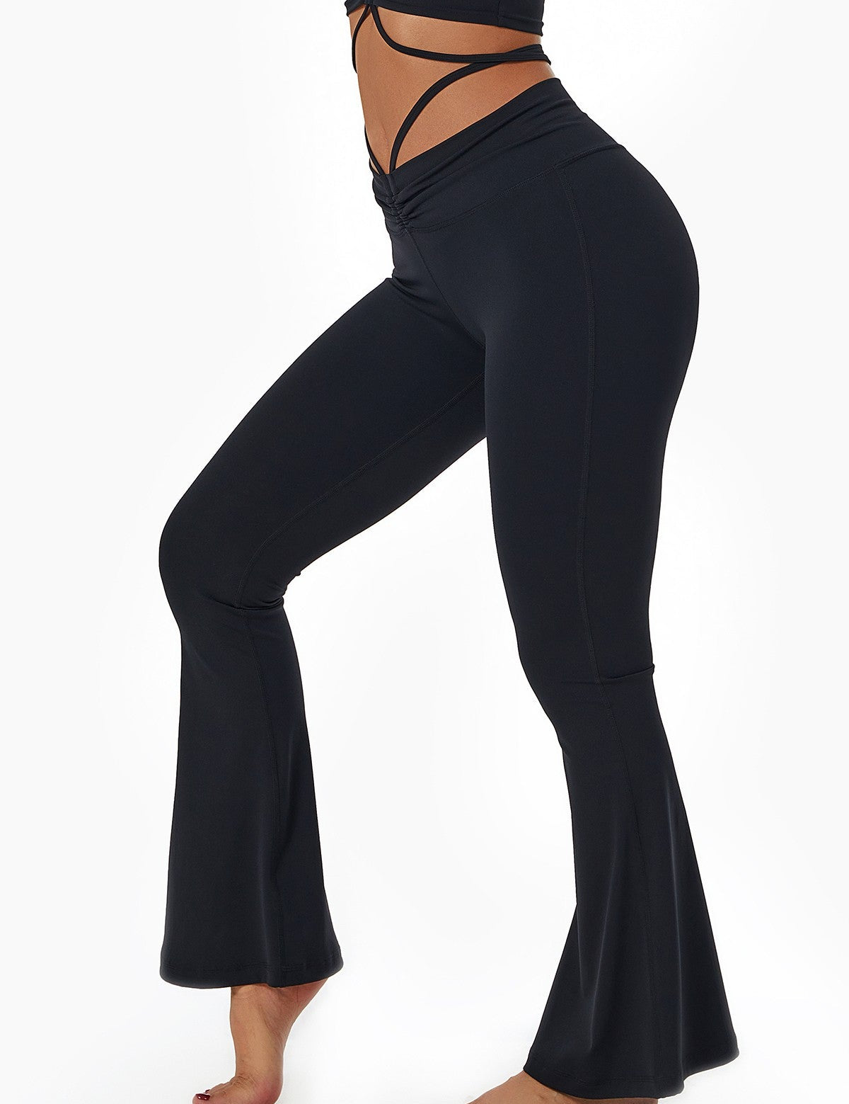 Ruched Front Waist Tie V-Cut Flared Leggings by bornfocus