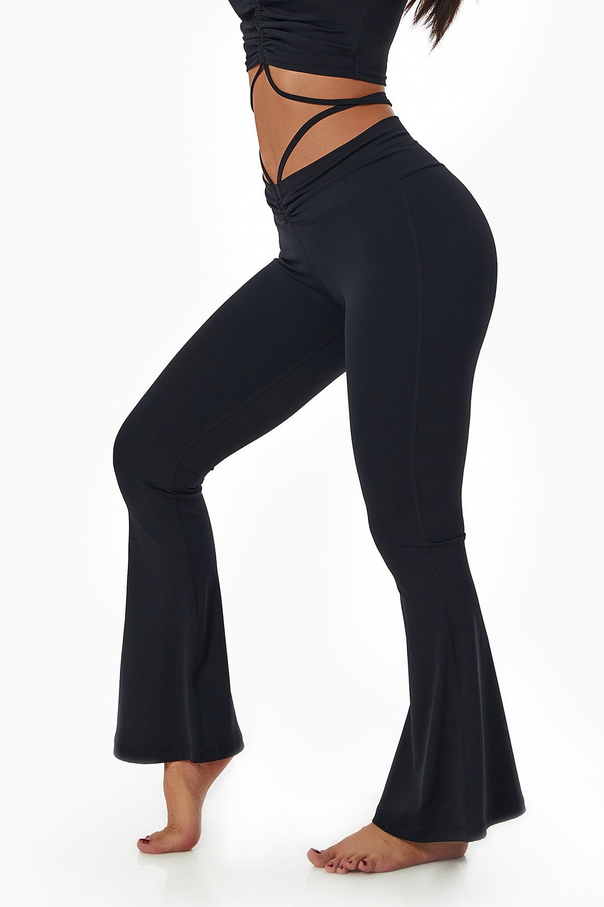 Ruched Front Waist Tie V-Cut Flared Leggings by bornfocus