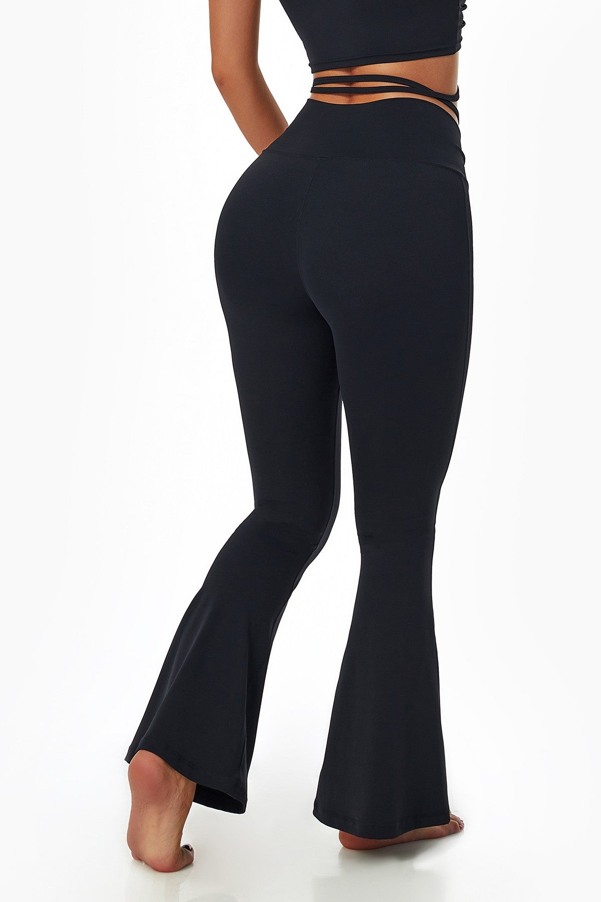 Ruched Front Waist Tie V-Cut Flared Leggings by bornfocus